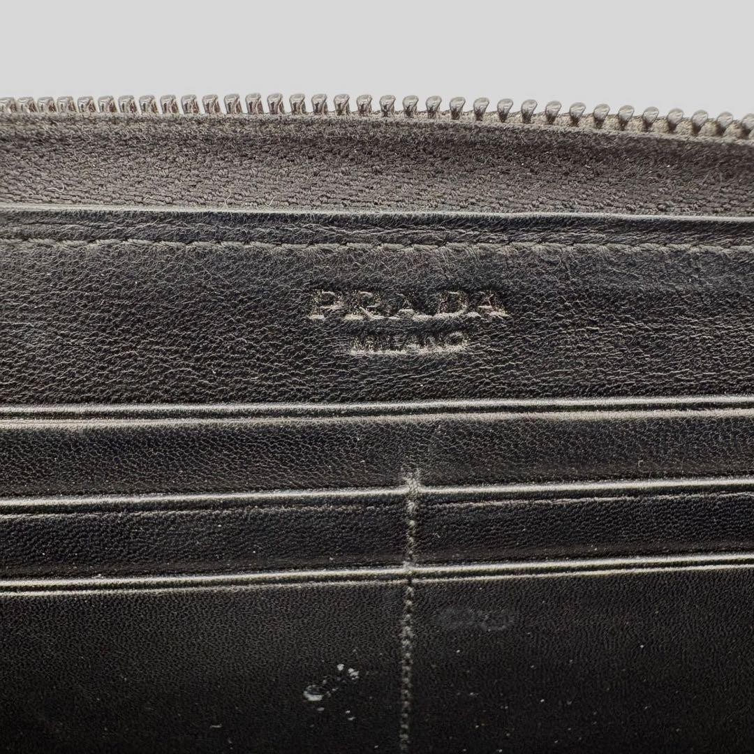 Authenticated PRADA Long Wallet Round Zipper Quilted Triangle Logo Plate Black