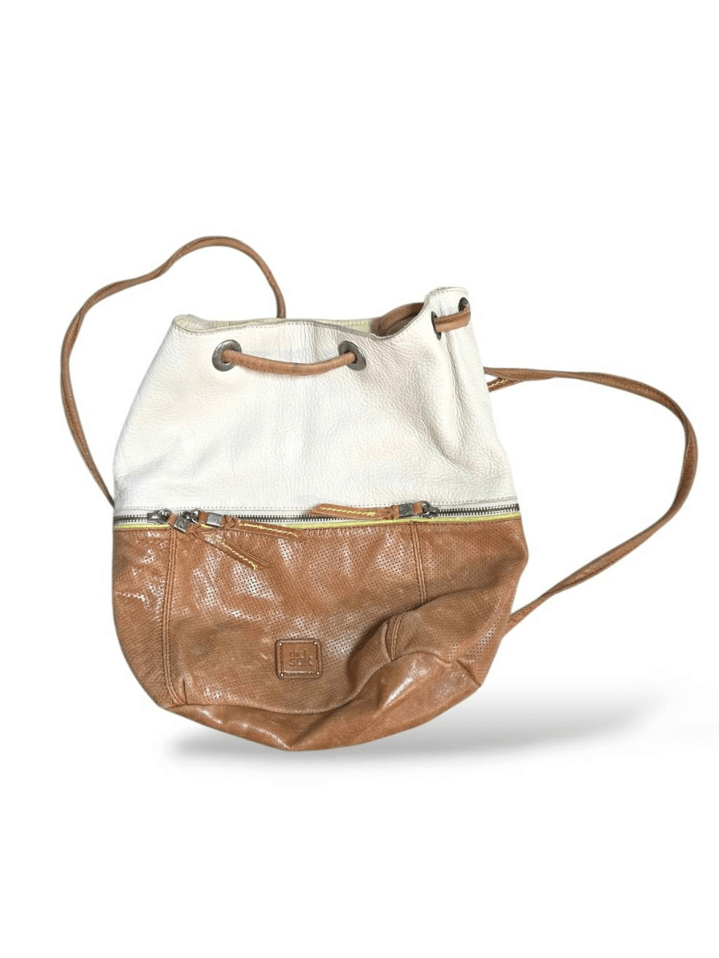 The Sak Leather Drawstring Backpack Bucket Bag Cognac Brown White Mixed Texture