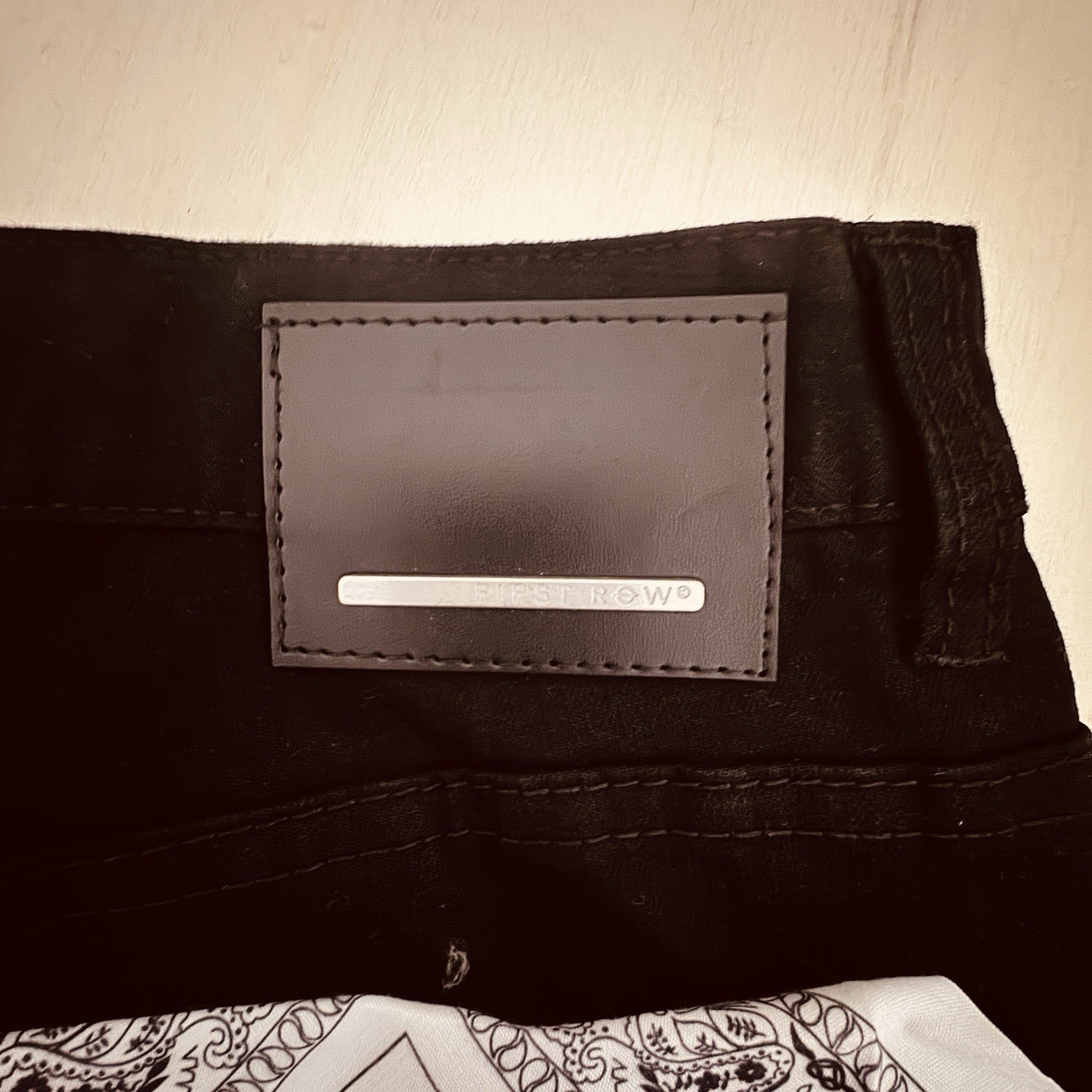 First Row Mens Black Denim Jeans Racing Patches Slim Fit Size 38×32 NWT