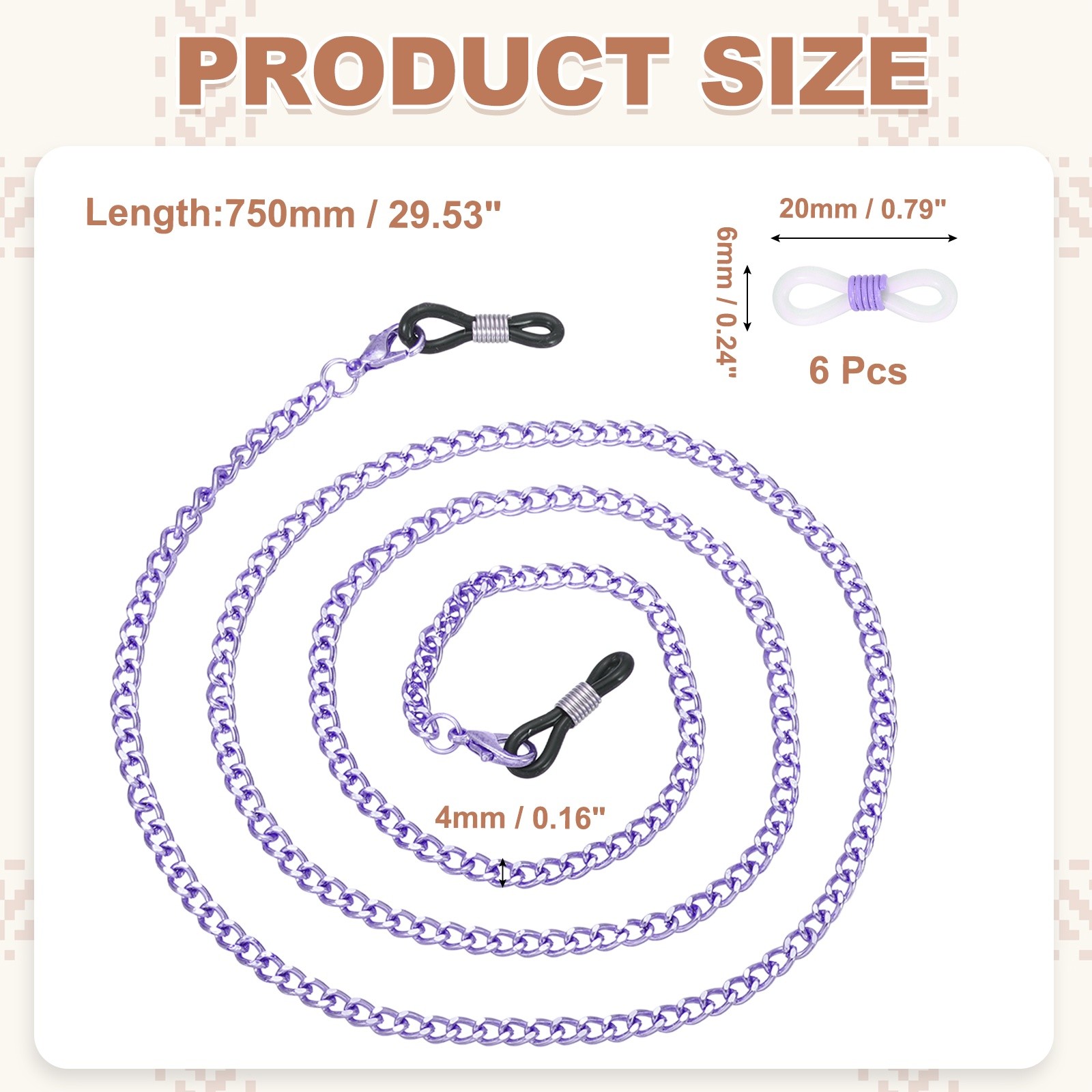 Glasses Chain, 75cm Metal Eyeglasses Strap with 6 Ends for Women, Purple