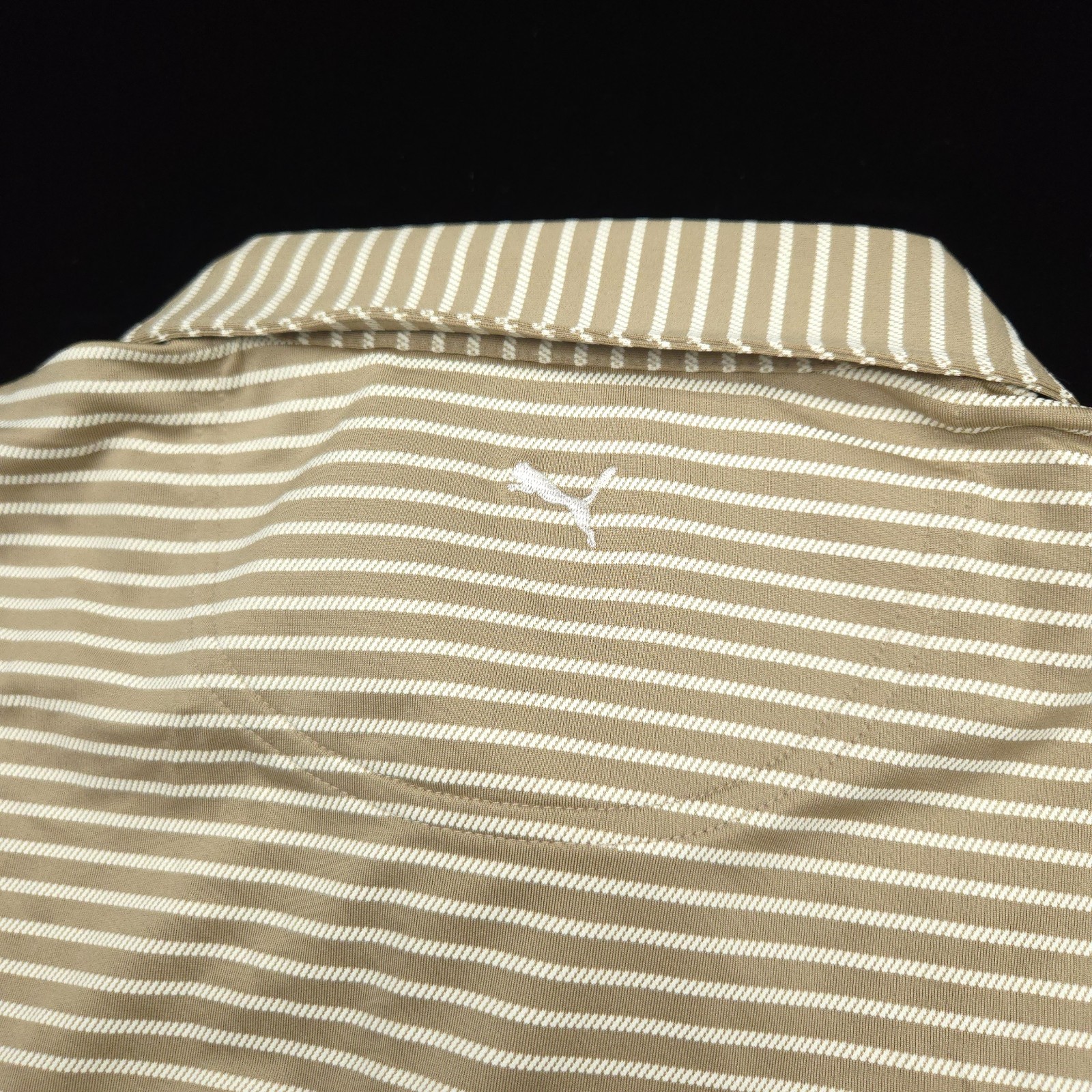 Puma Polo Golf Shirt Mens -M Brown White Performance Stripe Stretch Lisle Smooth