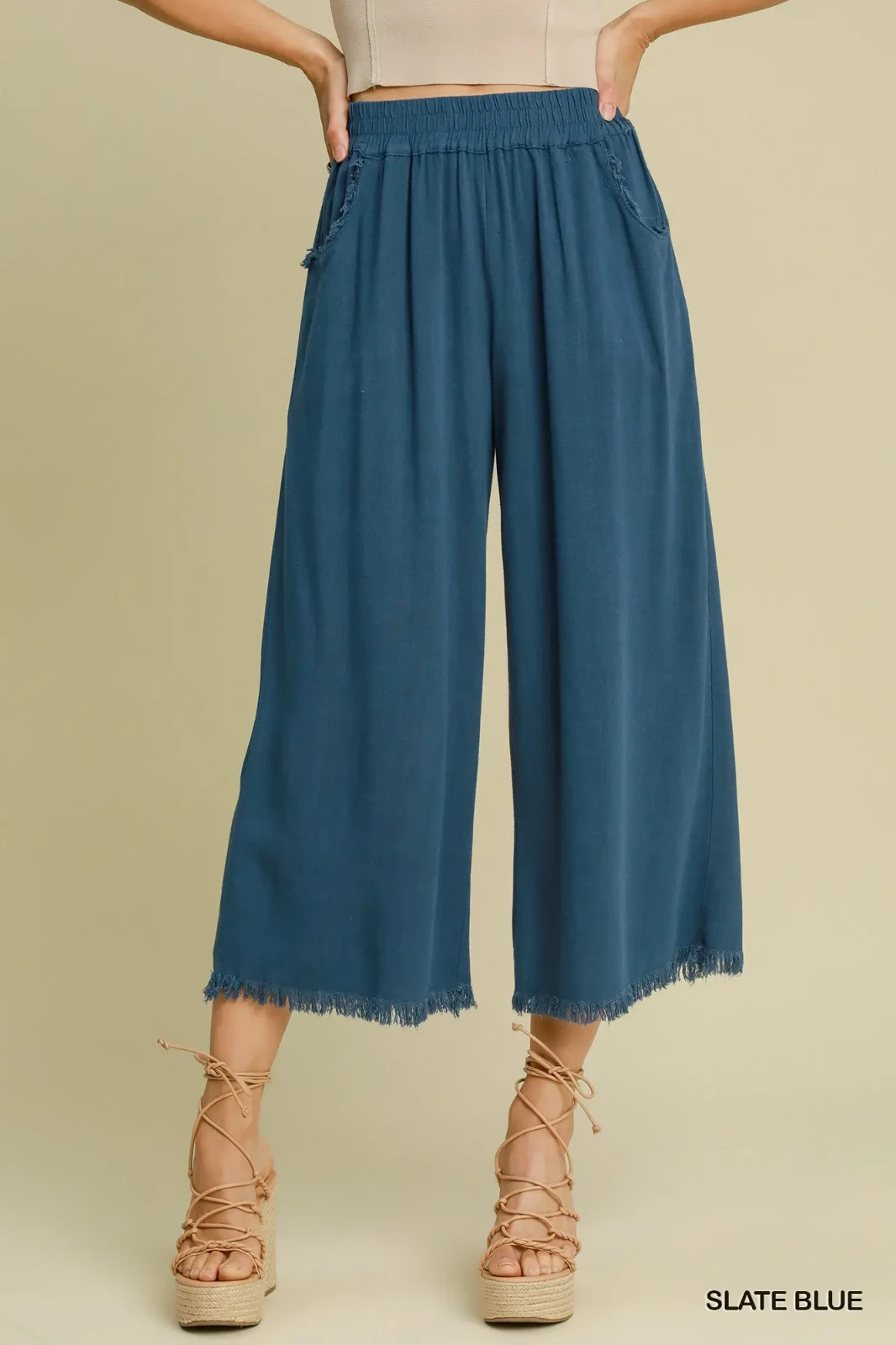 Umgee Slate Blue Frayed Hem Wide-Leg Linen Blend Pants with Pockets