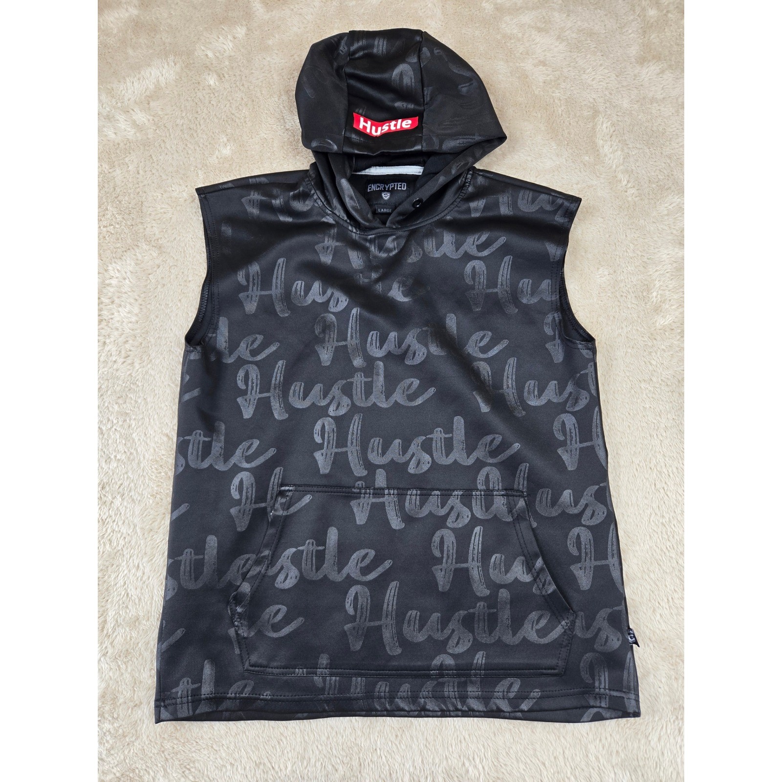 Encrypted Mens Black Sleeveless Hoodie Hustle All Over Print Size L