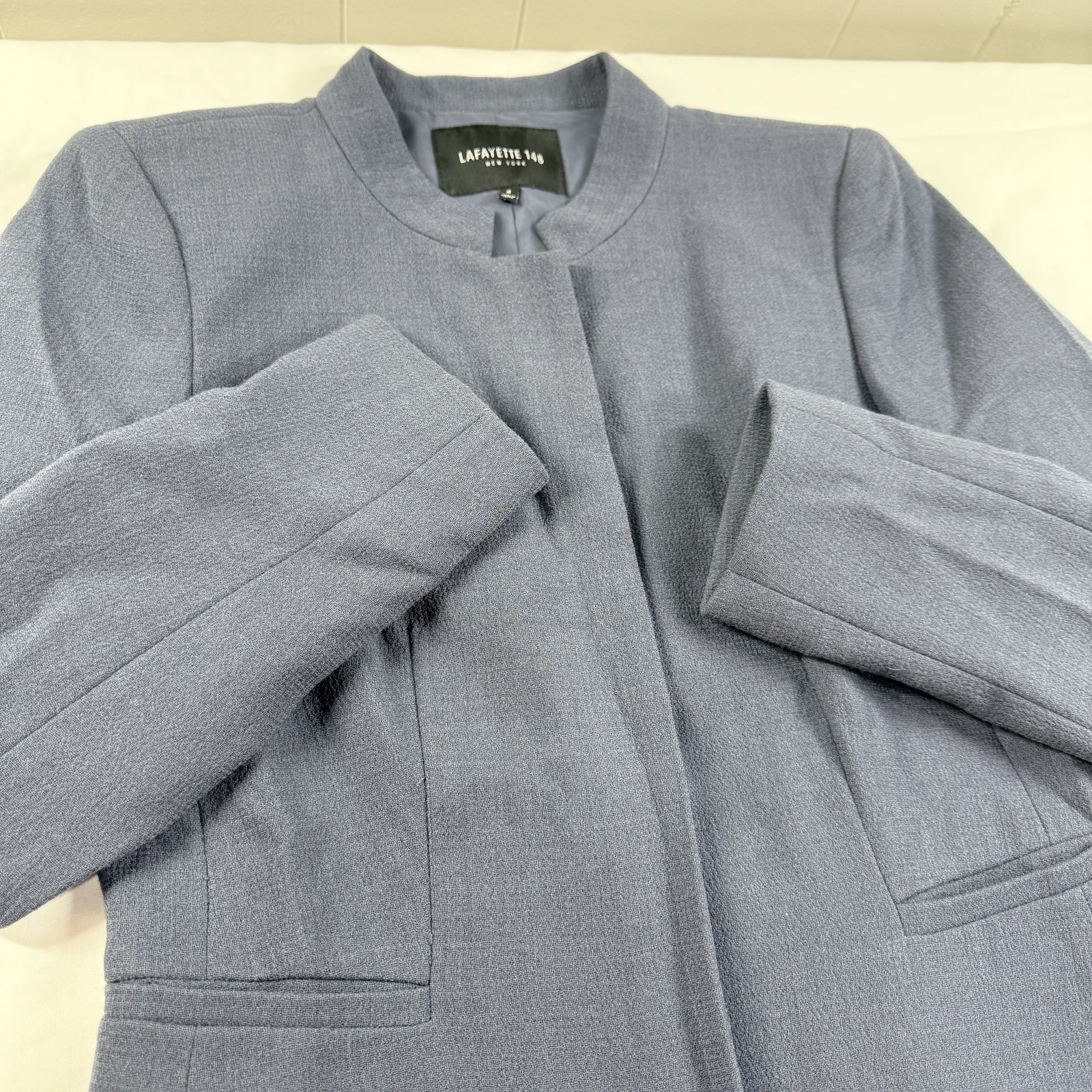 Lafayette 148 Wool Peplum Zip Blazer Jacket Blue Minimalist Luxury Women 4