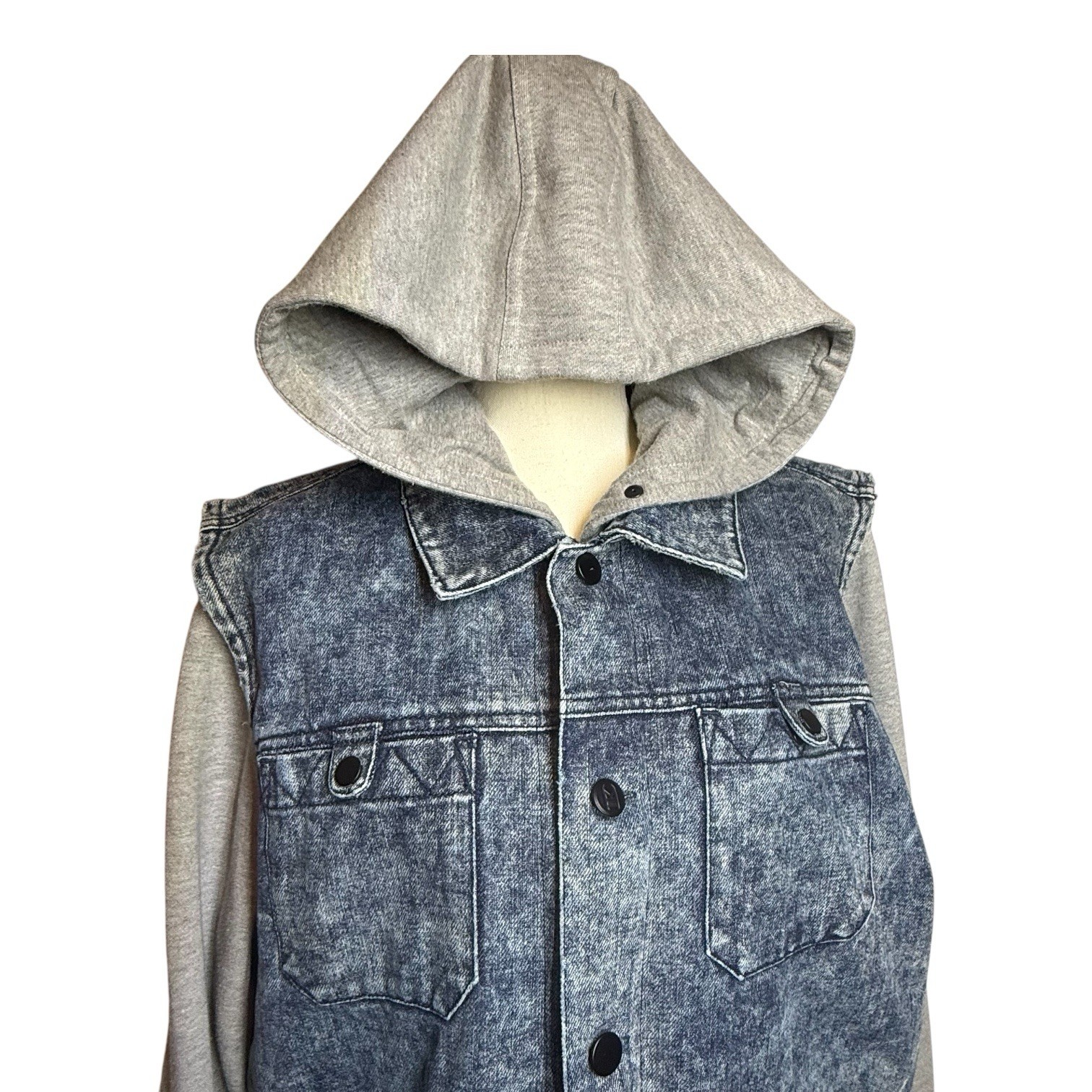 IMKING Hooded Denim Jacket Blue Gray Button Logo Zipper Men’s Size M
