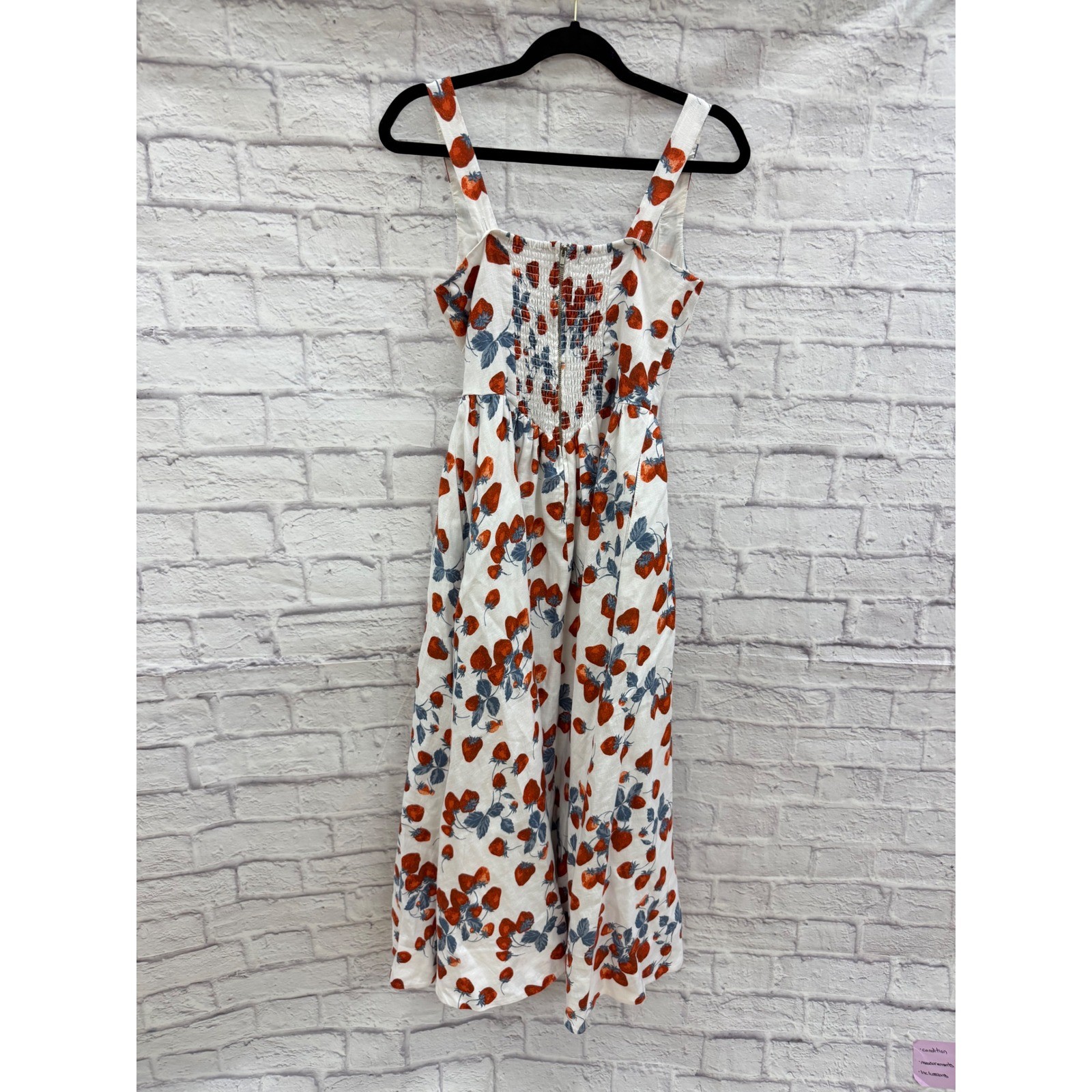 Reformation Balia Linen Strawberry Print Basque Waist Midi Dress White Red Sz 2