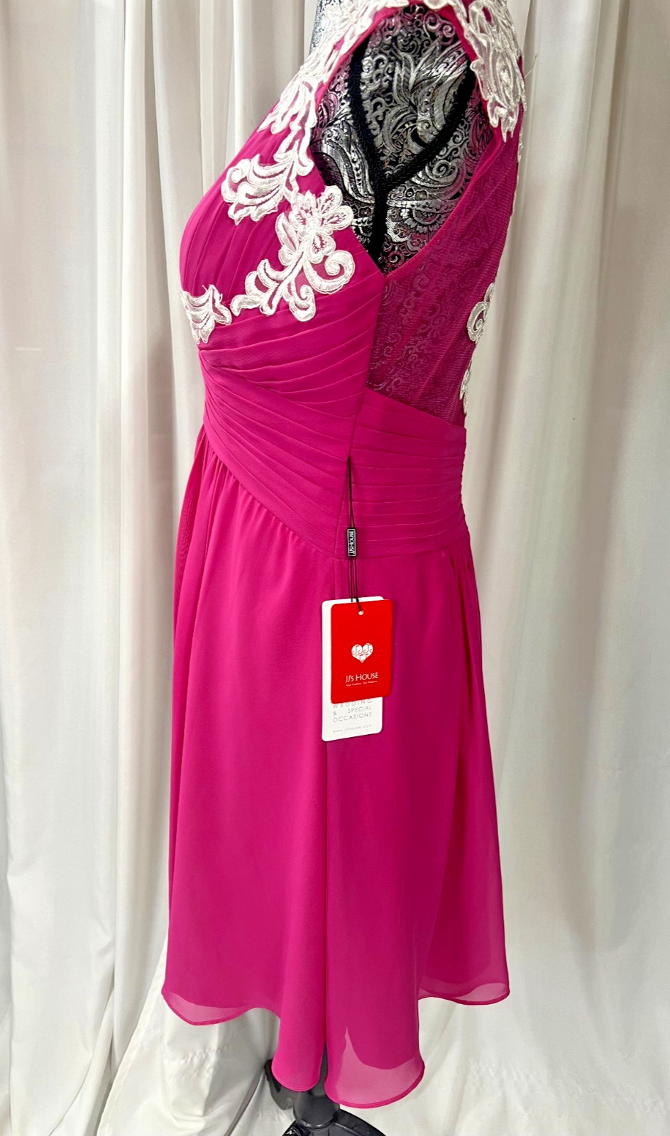 NWT JJ’s House Fuchsia Pink V-Neck Chiffon Cocktail Dress with Lace Appliques