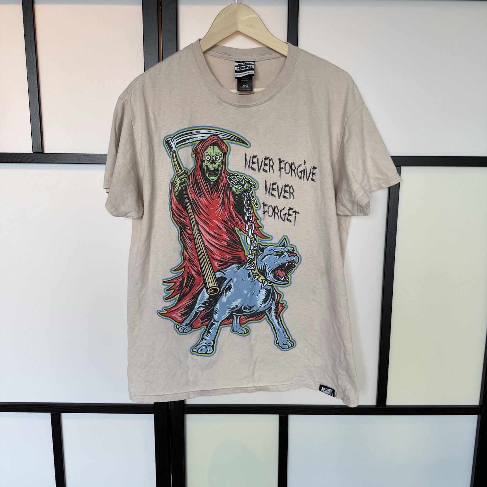 Broken Promises WORST IN ME TEE SAND size large 100% cotton Never Forgive forget