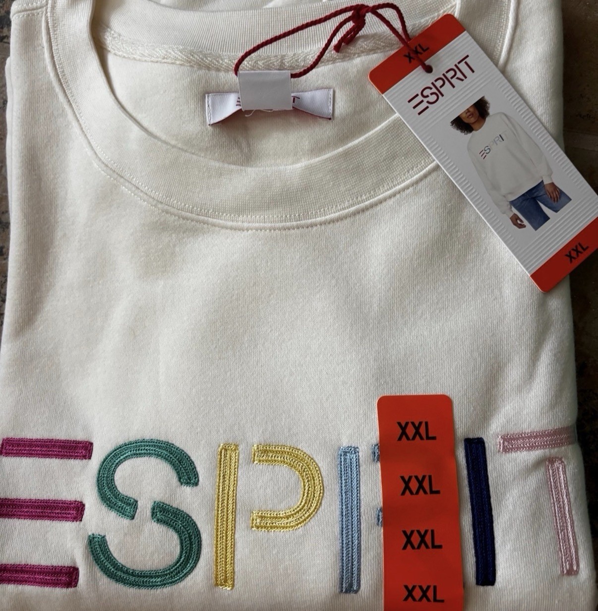 Esprit Women’s XXL Logo Fleece Crewneck Sweatshirt Cream Viral 80’s Costco NEW
