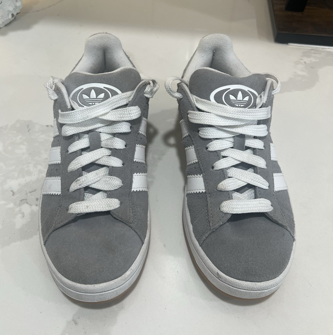 Women’s Adidas Campus Low Top Suede Sneaker Gray/White 3-Stripe Lace-Up Gum Sole