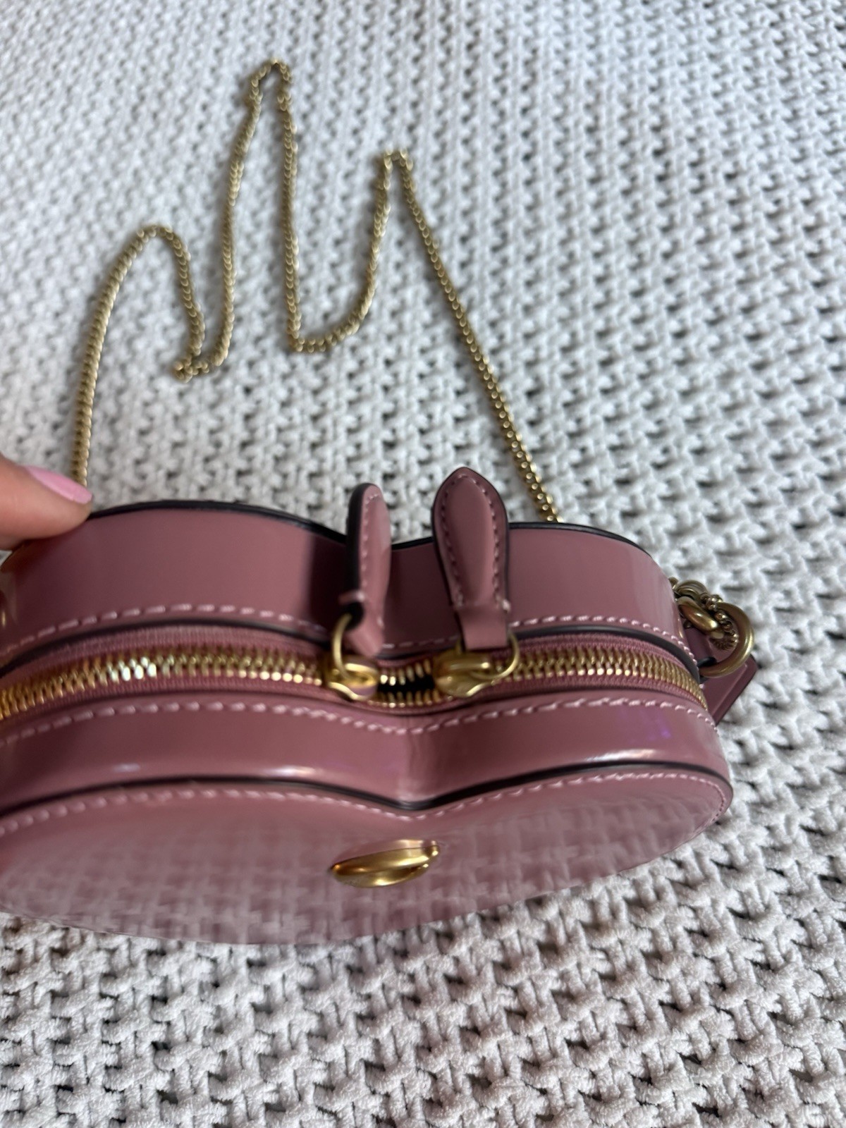 Coach Peony Spazzolato Leather Heart Mini Crossbody Bag Gold Chain