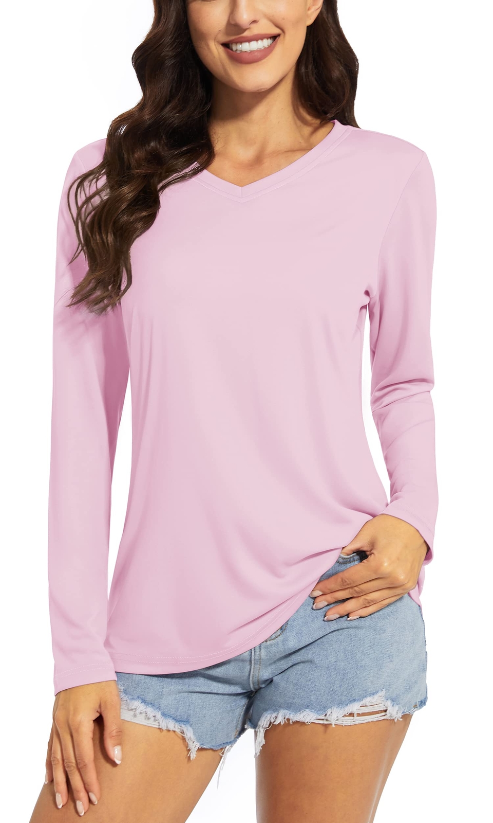 UPF50+ Womens Rash Guard Shirts Long Sleeve Quick Dry V-Neck Hiking Sports Tops