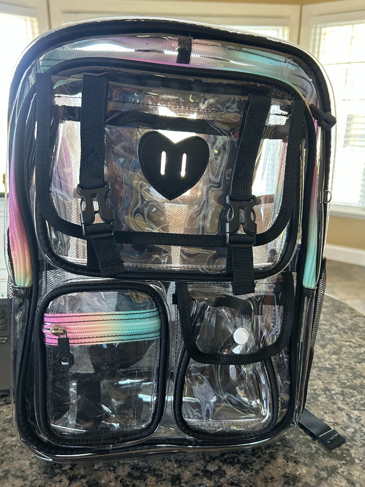 Beautiful Clear Backpack w/ Rainbow Zipper Large at 16.5 inches high w/pockets