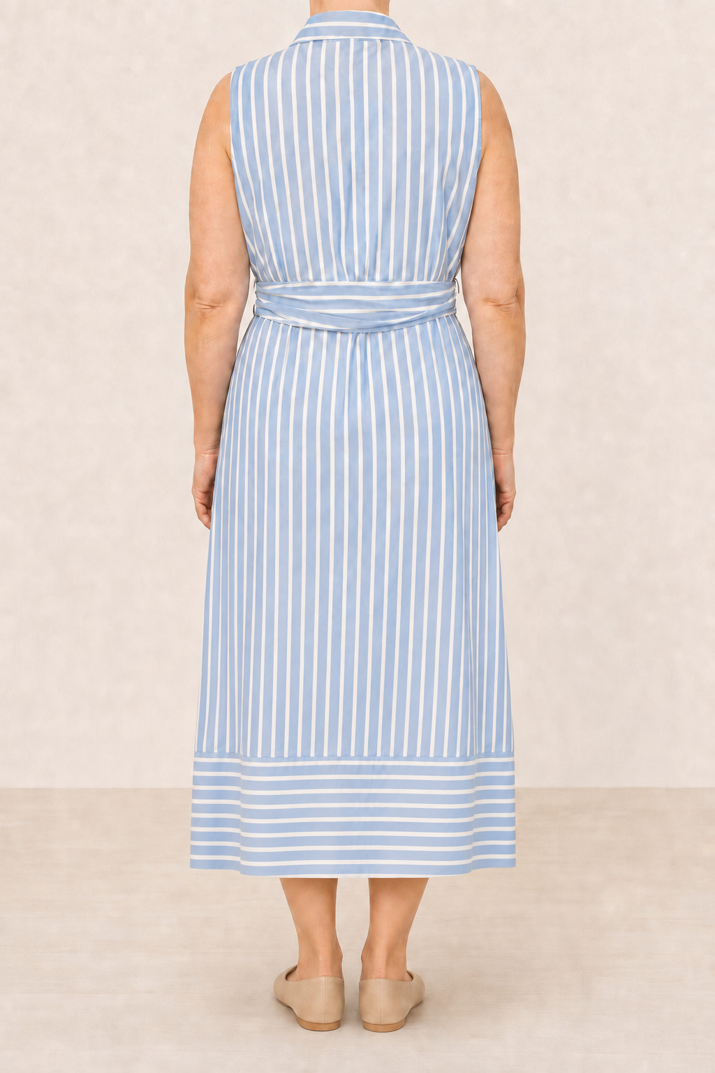 100% Cotton Size 14 Striped Midi Sleeveless Shirtdress Women Blue Tie Waist
