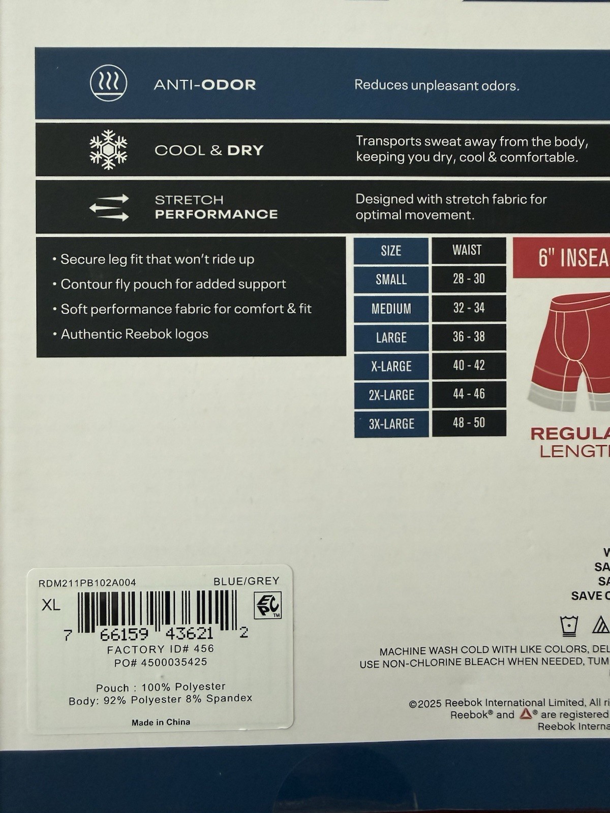 Reebok Pro-Series 3-Pack Boxer Briefs Size XL Regular 6″ Fly Pouch NEW