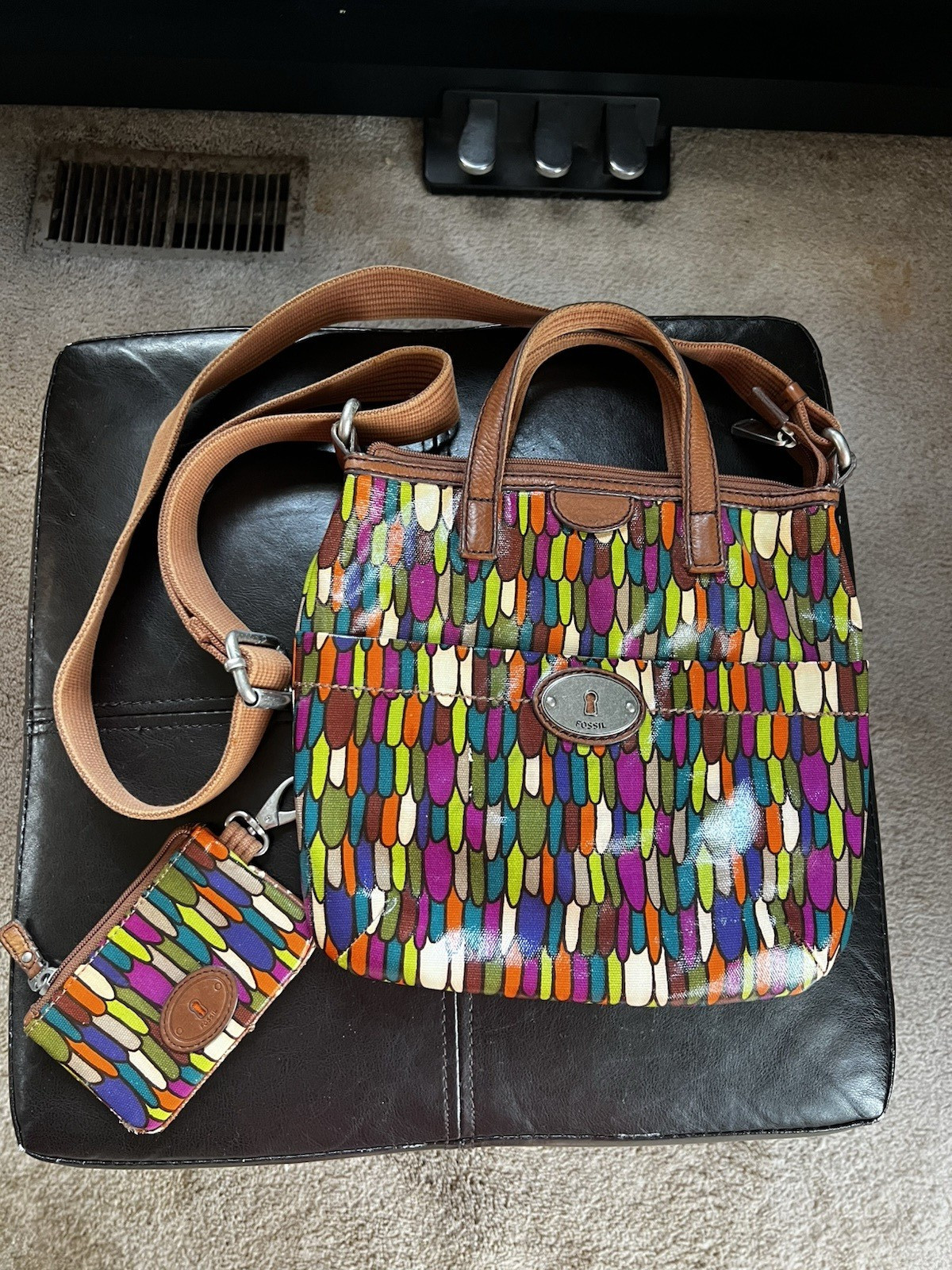 Fossil Key-Per Multicolor Geometric Satchel Zip Detachable Strap, Pouch