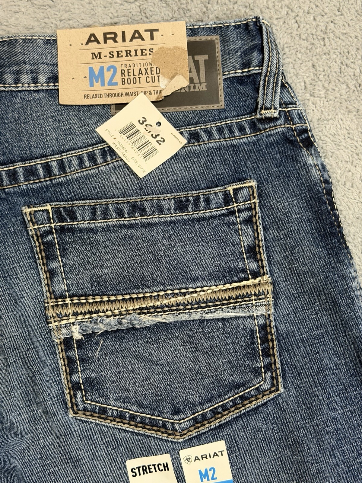 Ariat M2 34×32 Western Traditional Relaxed Boot Cut Whiskered Stone Wash Denim