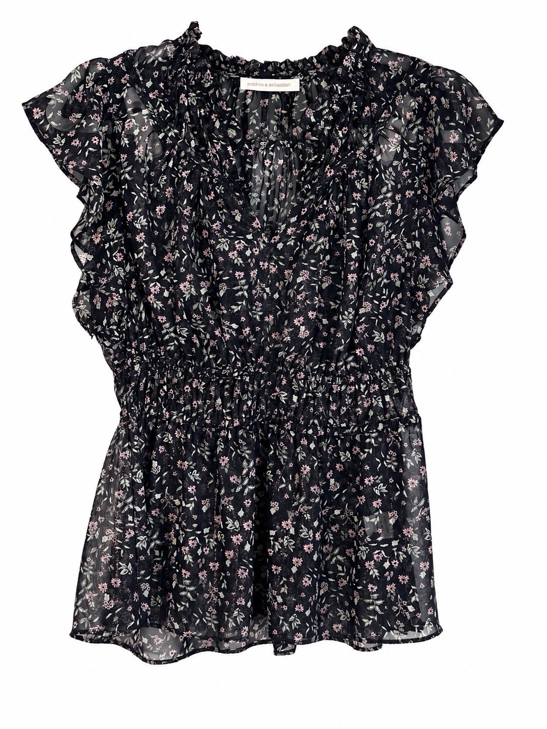 Pookie & Sebastian Lurex Floral Sheer Ruffle Blouse | Size S