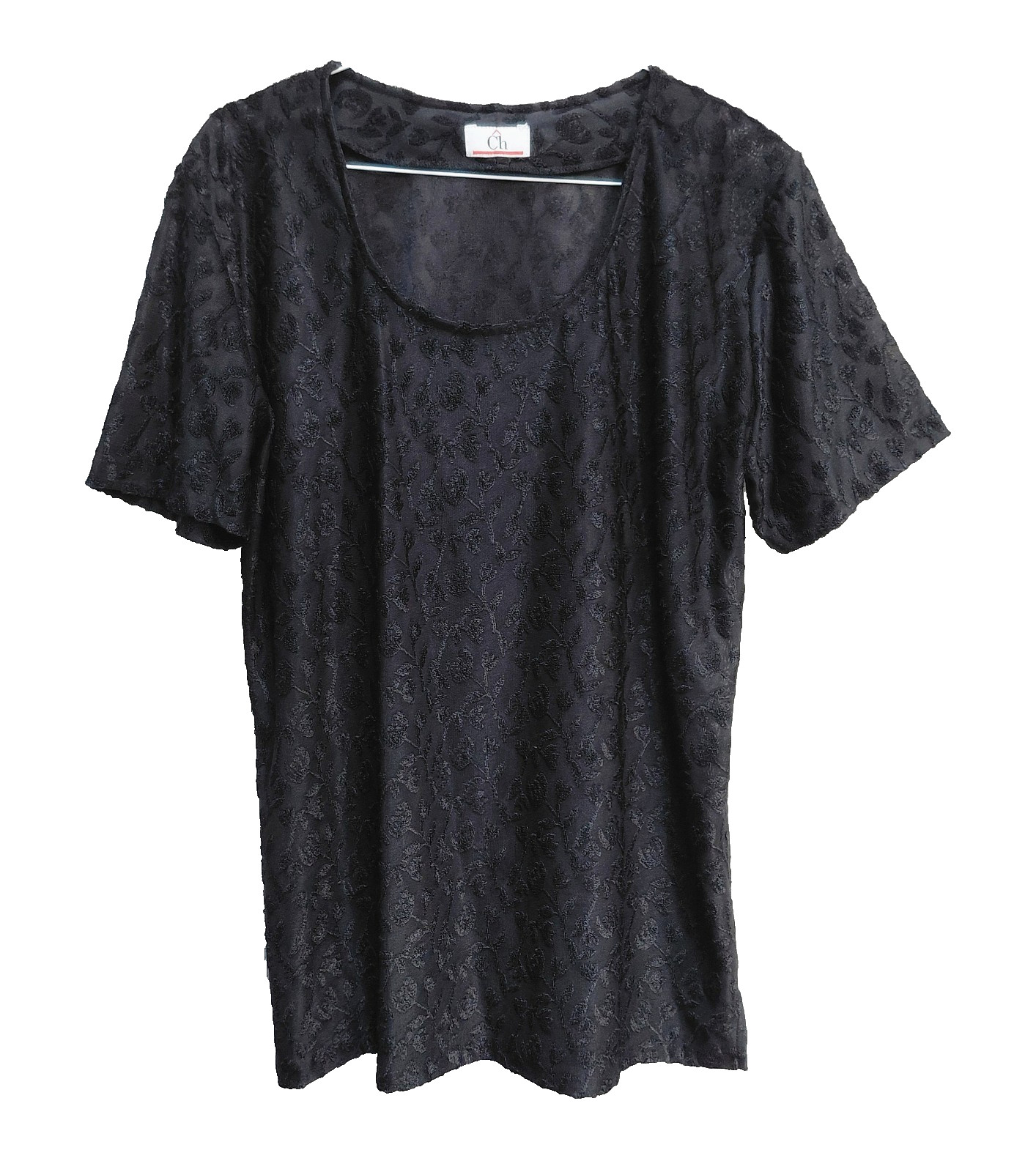 L XL CH BLACK FLORAL SEMI-SHEER RAISED TEXTURED STRETCH KNIT MESH S/S TOP