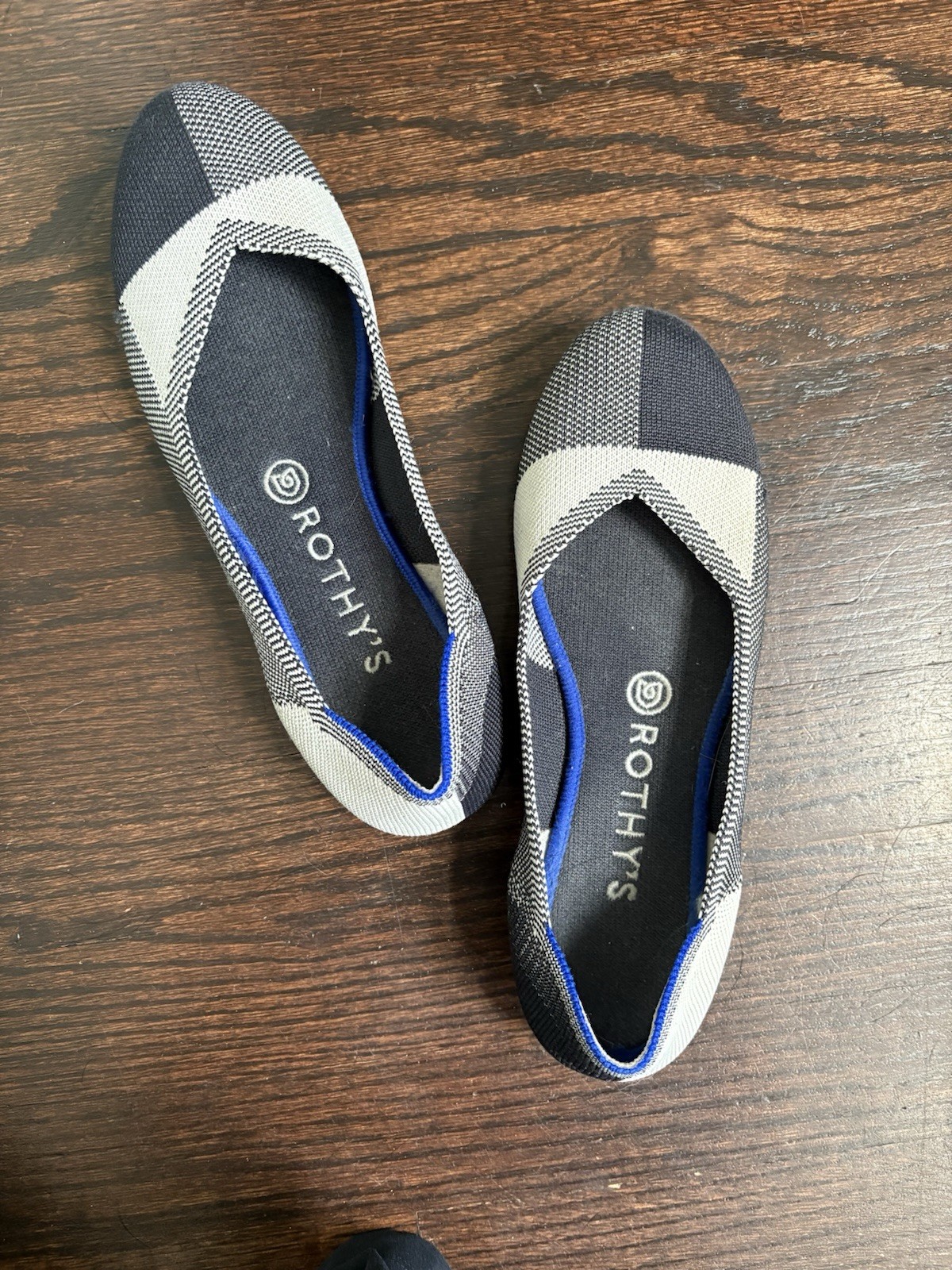 Rothy’s Women’s Ballet Slip-On Flats Check Knit Blue Trim Black/White Size 8