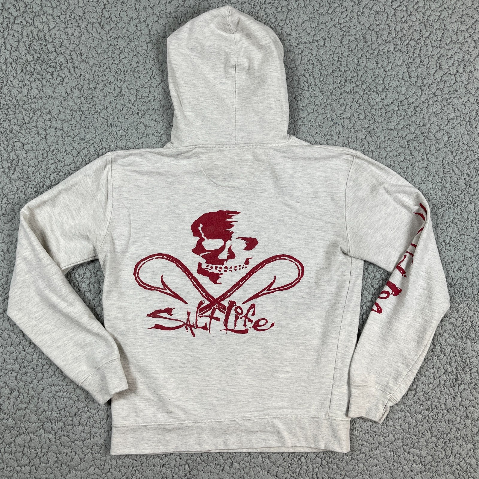 Salt life Hoodie Mens Small Gray Skull & Hooks Fishing Logo Drawstring *Flaw