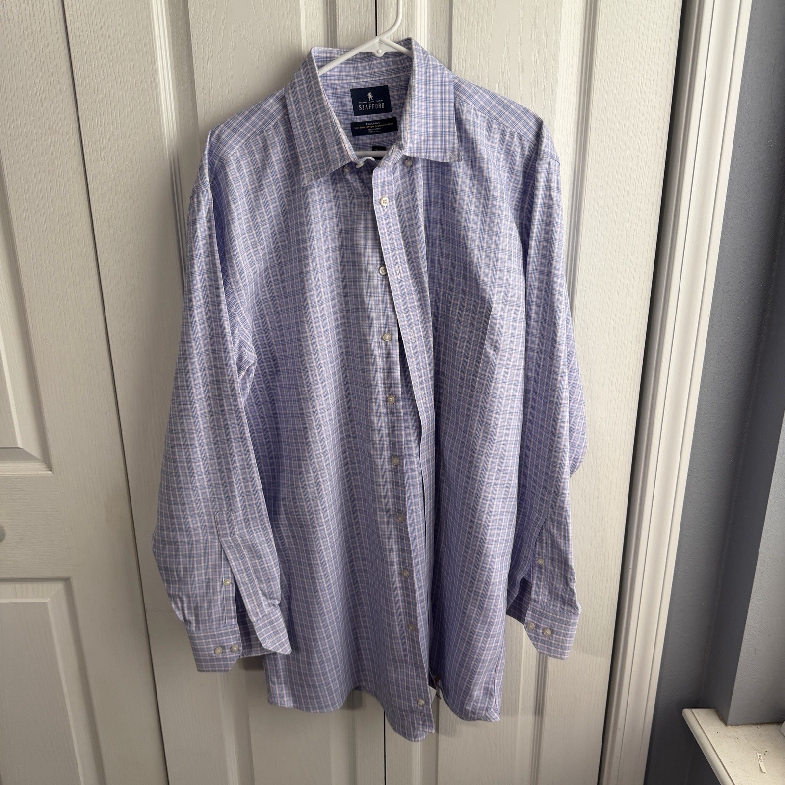 Stafford X Tall Fit Pinpoint Oxford Plaid Long Sleeve Button Up Size 17.5 36/37