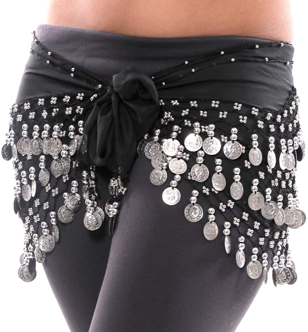 Chiffon Belly Dance Hip Scarf Wrap Belt Tribal Sash Skirt Silver Coins Costume