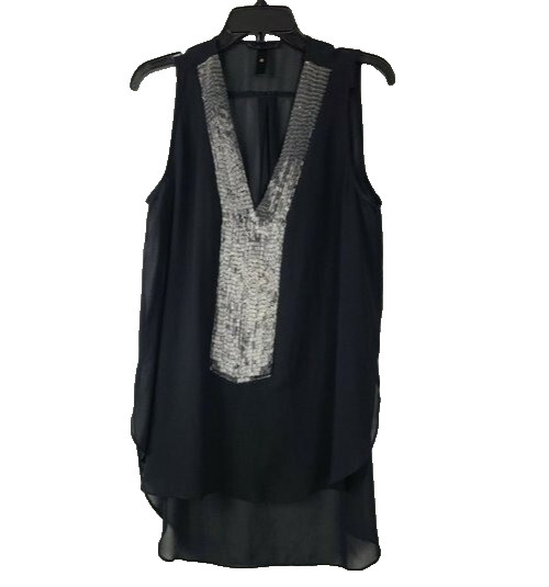 AQUA Womens Sleeveless Beaded Top Large Black Chiffon Glam Whimsygoth