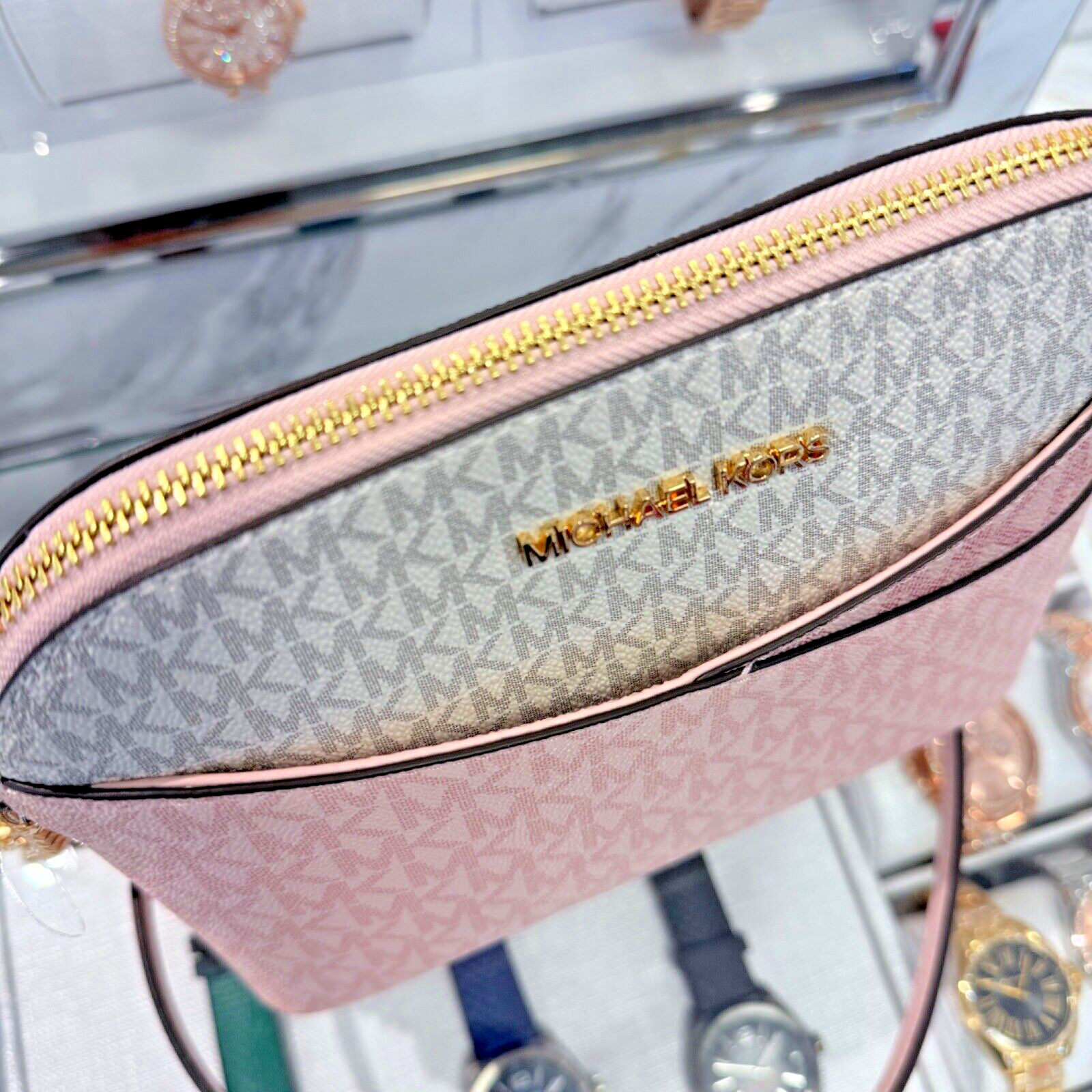 Michael Kors Jet Set Travel MD Dome Crossbody Bag MK Signature Rose Powder Multi