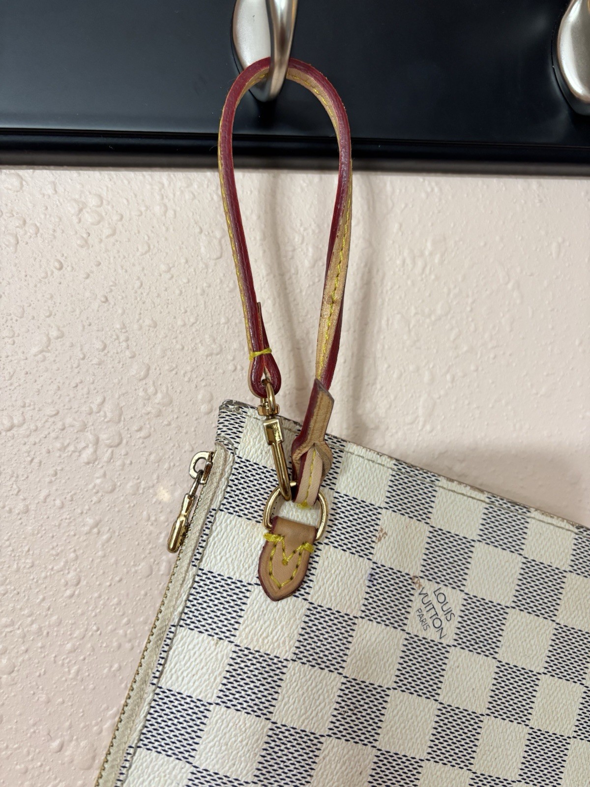 Louis Vuitton Damier Azur Zip Wristlet Pouch White/Blue Brown Strap Gold