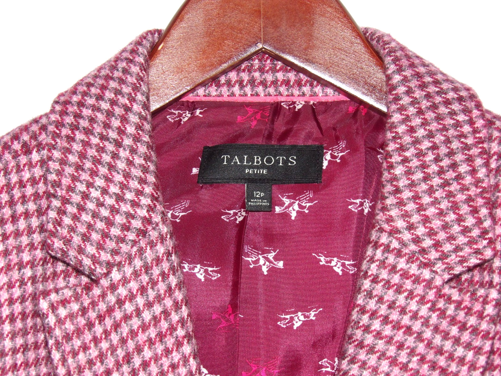 TALBOTS Pink Houndstooth 2 Button Wool Blend Tweed Office Blazer Women’s 12P