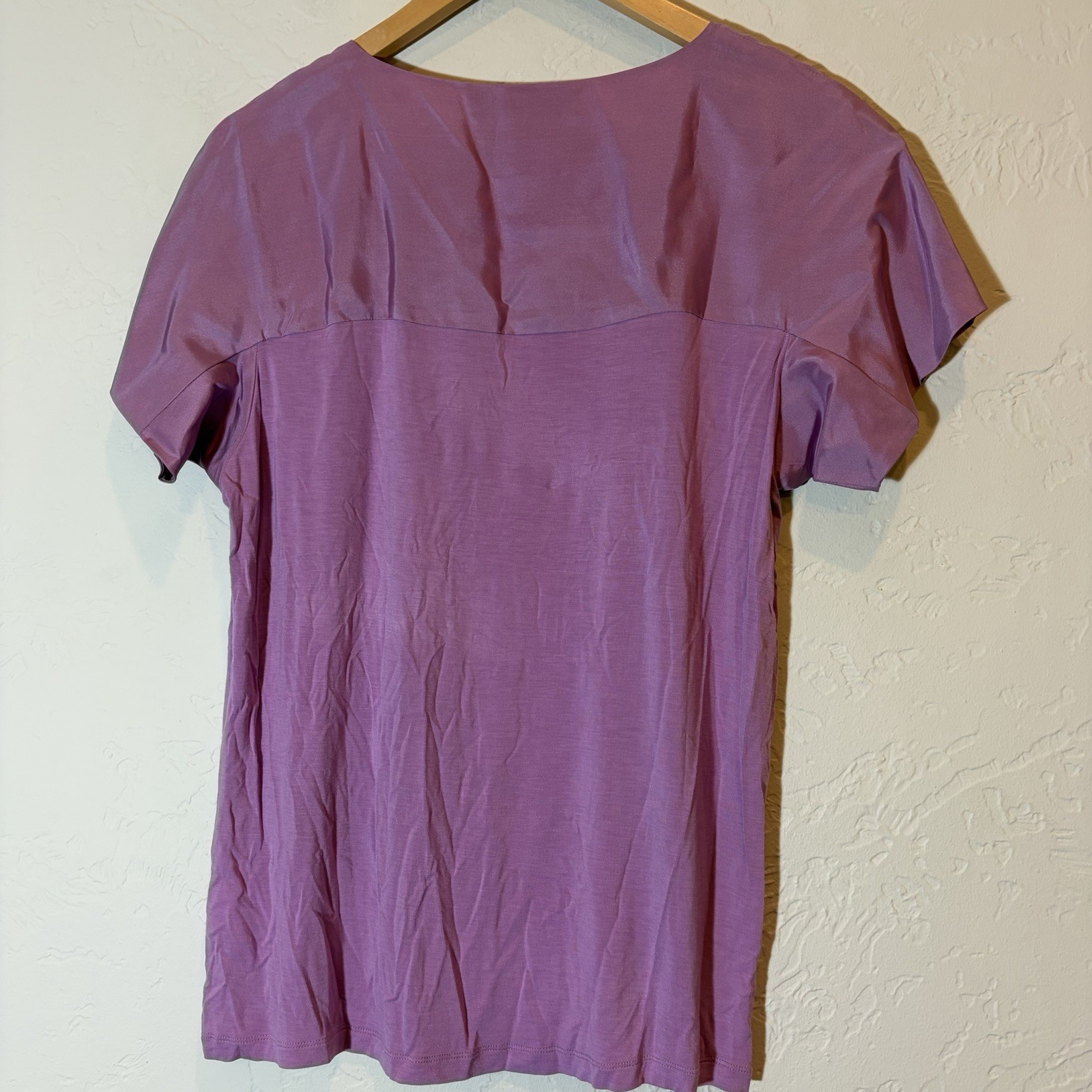 Sinclaire Women’s L Mauve Purple Silk Panel Stretch Short Sleeve Blouse Top
