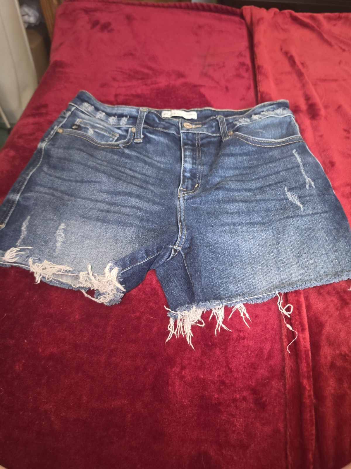 KanCan Women’s Blue Medium Wash Mid Rise Denim Cut Off Shorts Distressed 29