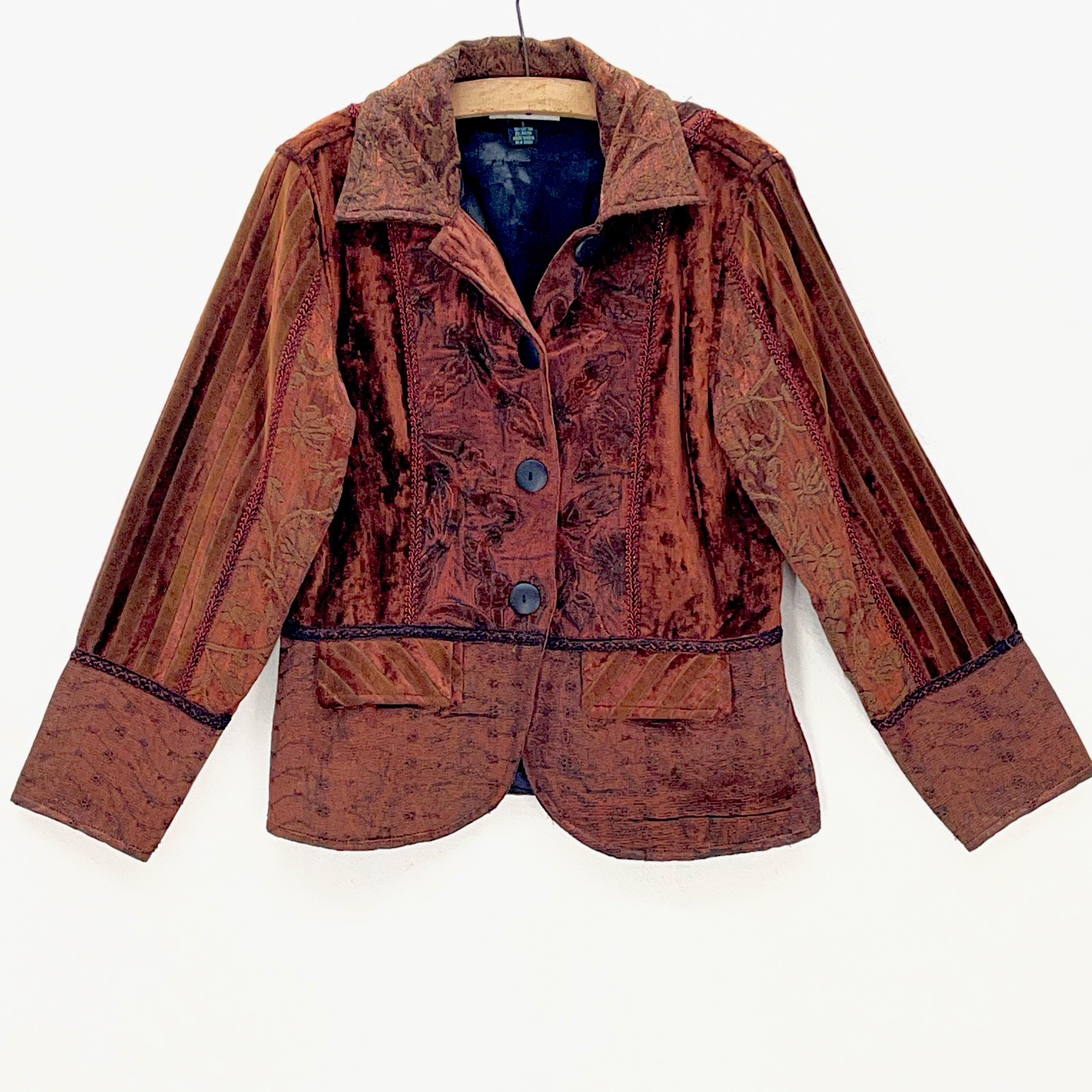 VTG FLASHBACK Brown Shabby Chic JACKET Crushed Velvet Peplum Boho Dark Goth Sz S