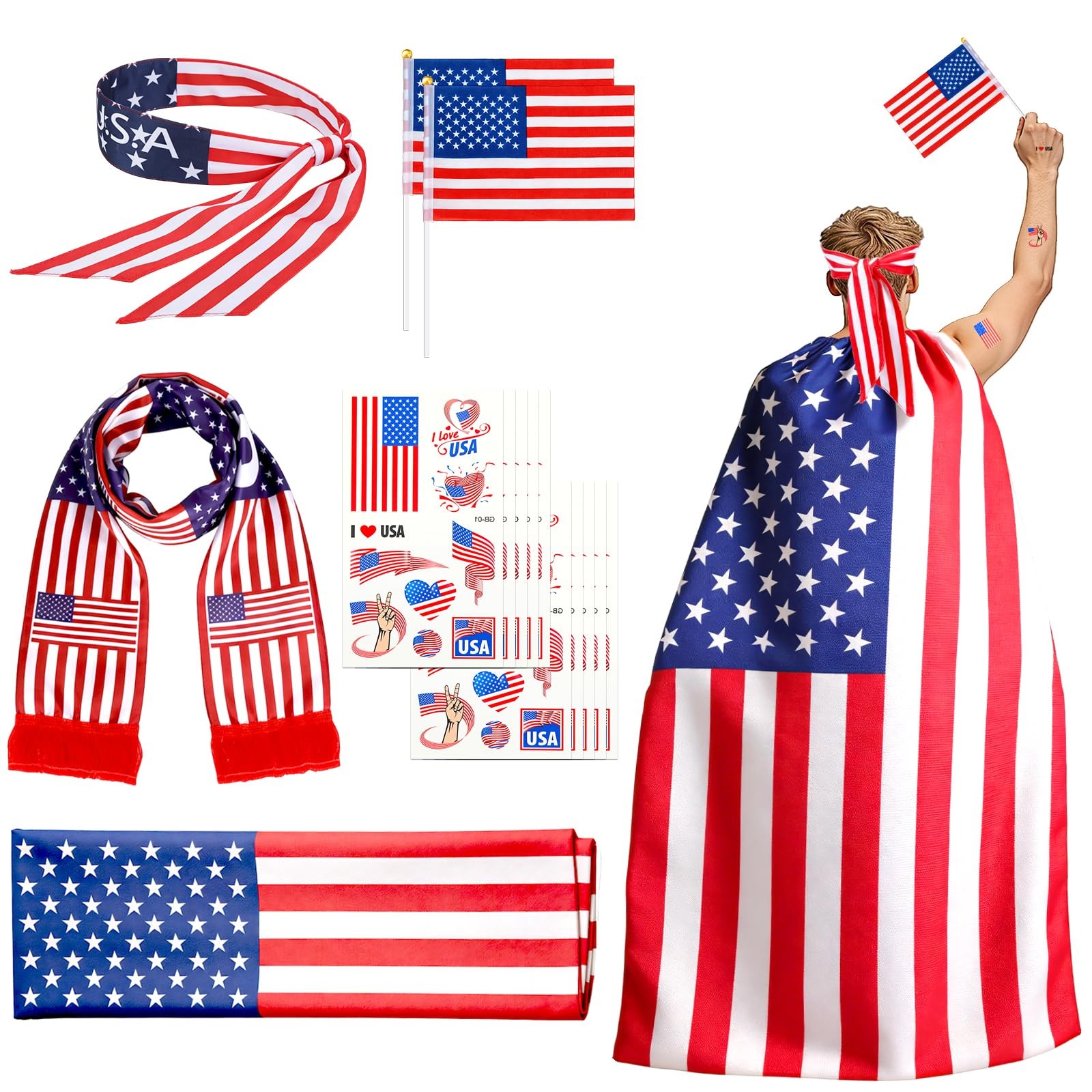 American Flag Costume Set, Patriotic USA One Size, Red, Blue, White