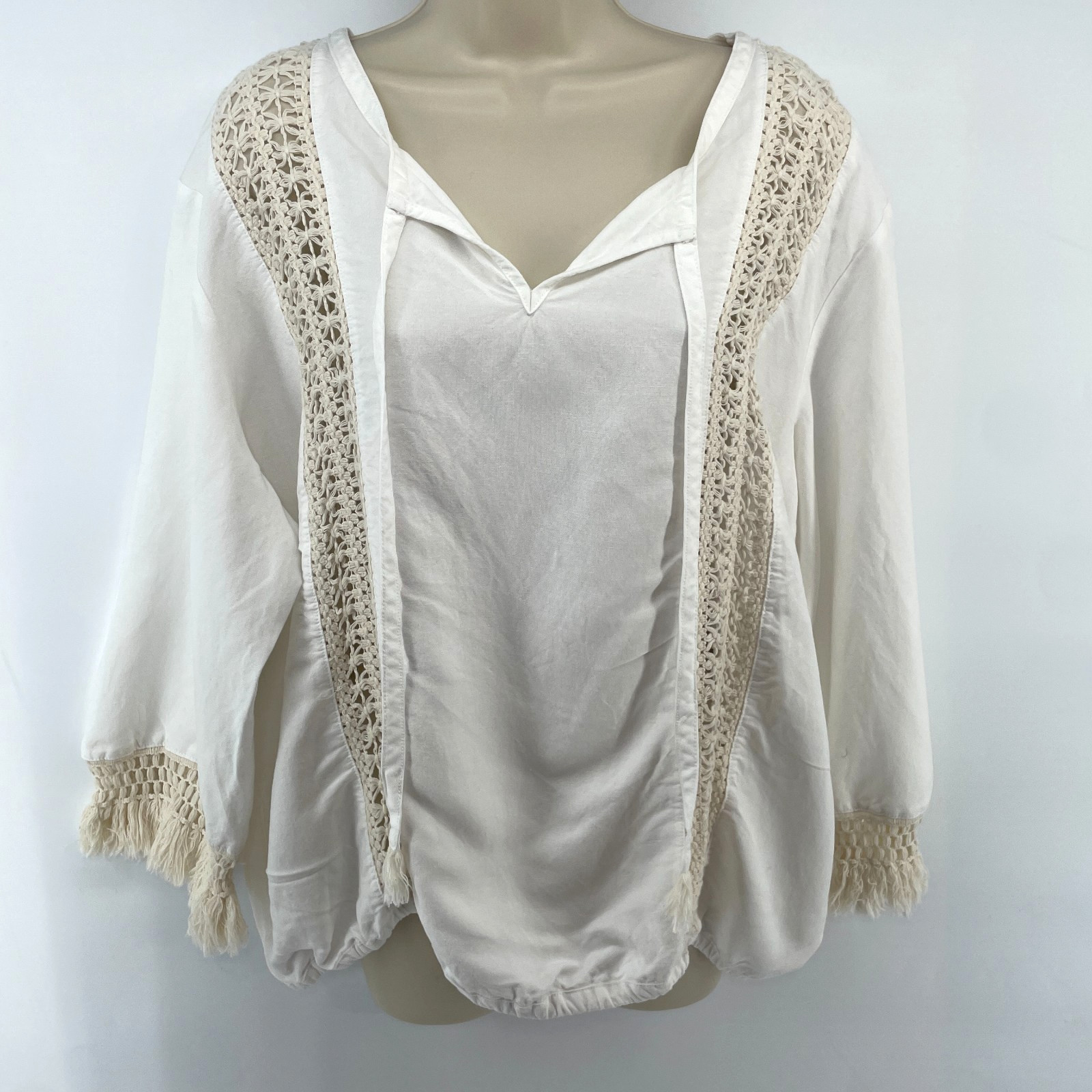 Boho Peasant Festival Linen Top Women Plus 18W Cream Crochet Fringe Tassels