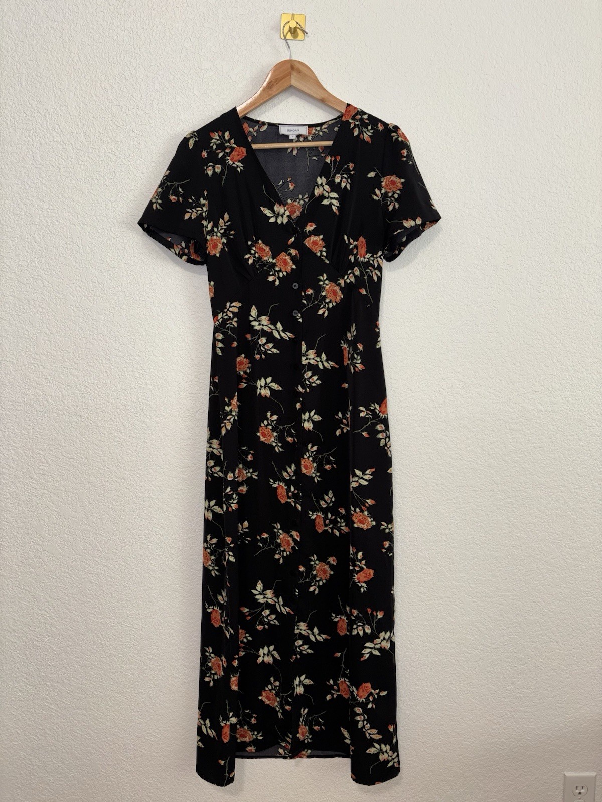 RIHOAS Black Floral Midi Dress Small Cottagecore Button Front Short Sleeve