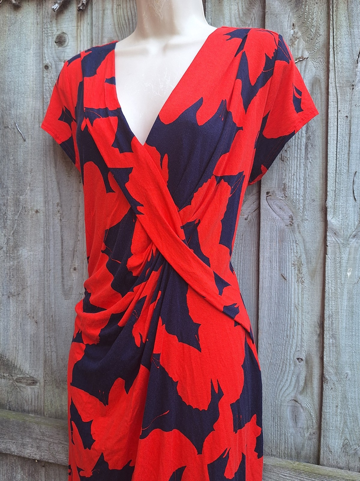 Phase Eight Ruched Red Navy Blue Summer Jersey Stretch Dress UK 16 EU 44 USA 12