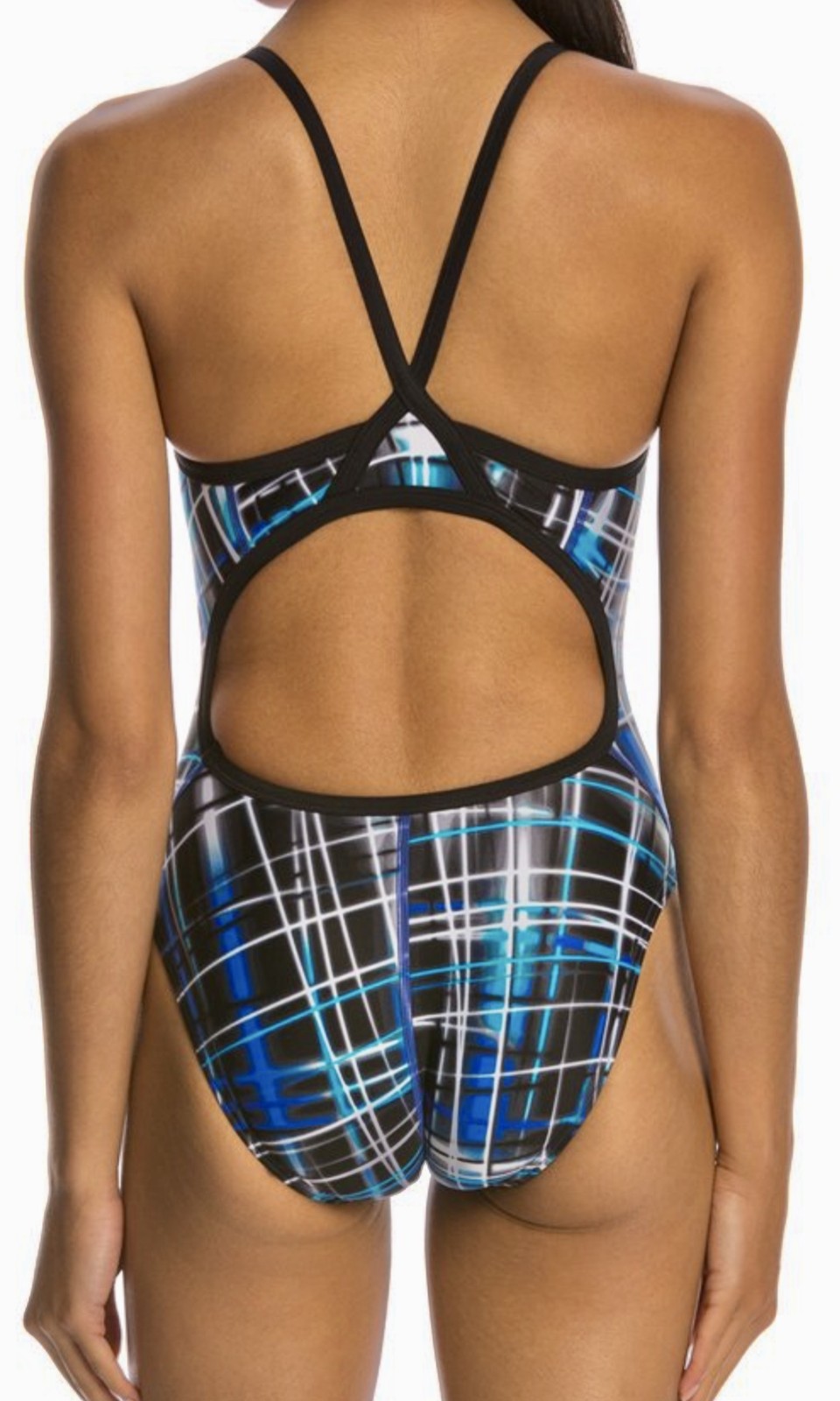 SPEEDO Laser Sticks Fly Back Black Blue White Swim Suit Womens 2 28 30 6 32 8 34