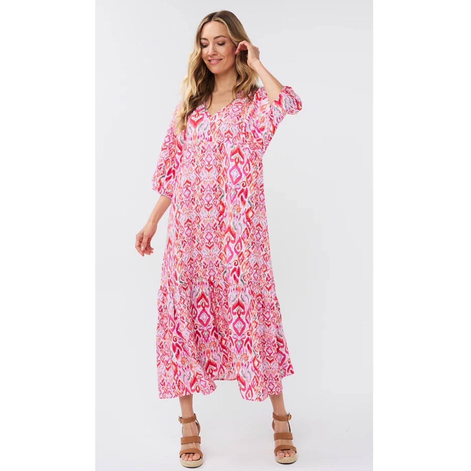 Esqualo Pink Orange Ikat Paisley V-Neck Boho Tiered Flowy Midi Dress Womens 6