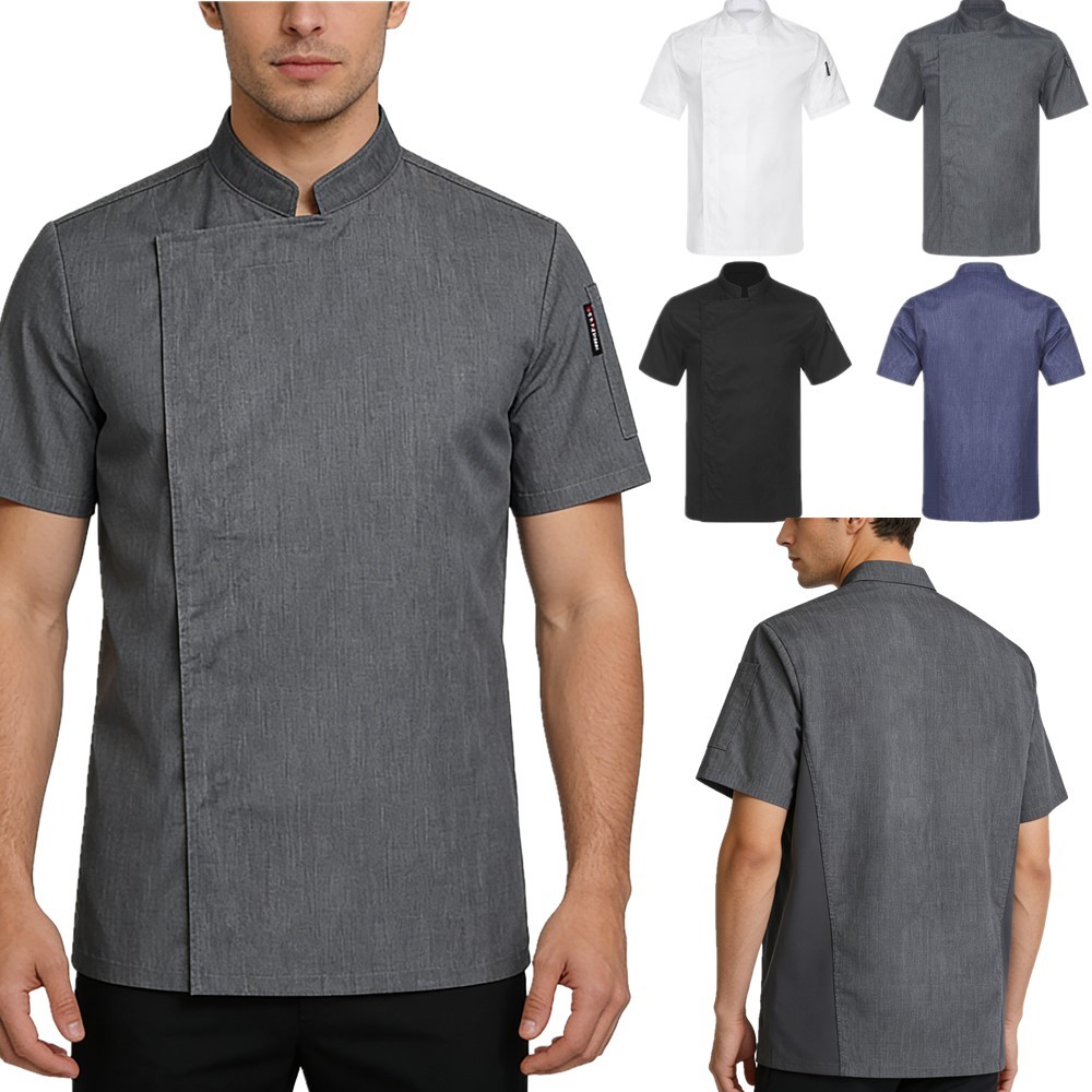 US Men Short Sleeve Chef Jacket Men’s Stand Collar Chef Coat Kitchen Uniform