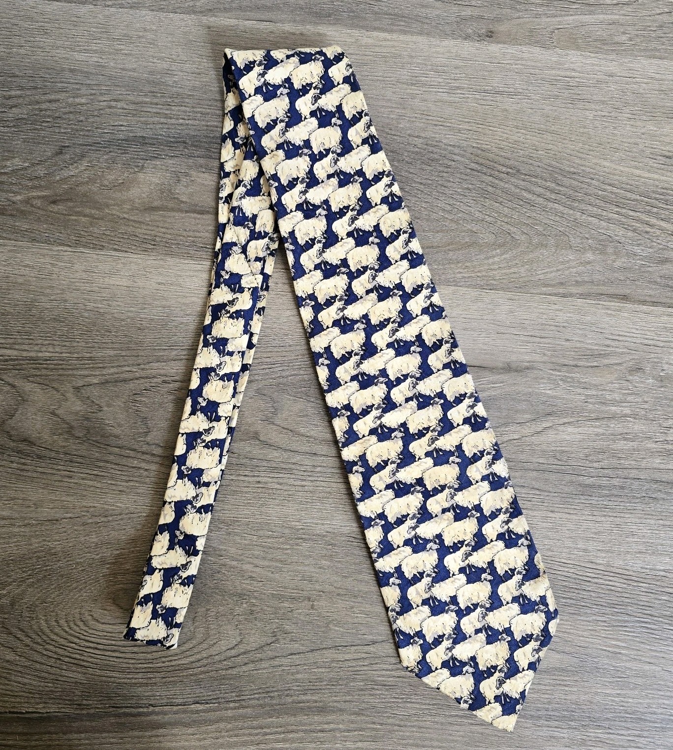 Museum Artifacts Silk Tie Mahogany Cream Flock Of Sheep Motif Necktie 58″