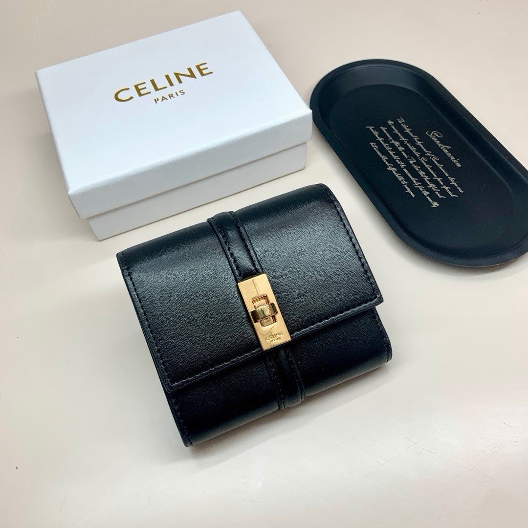 CELINE Black Wallet Gold Logo Hardware Zip Coin Pocket Credit Card Solid Women’s
