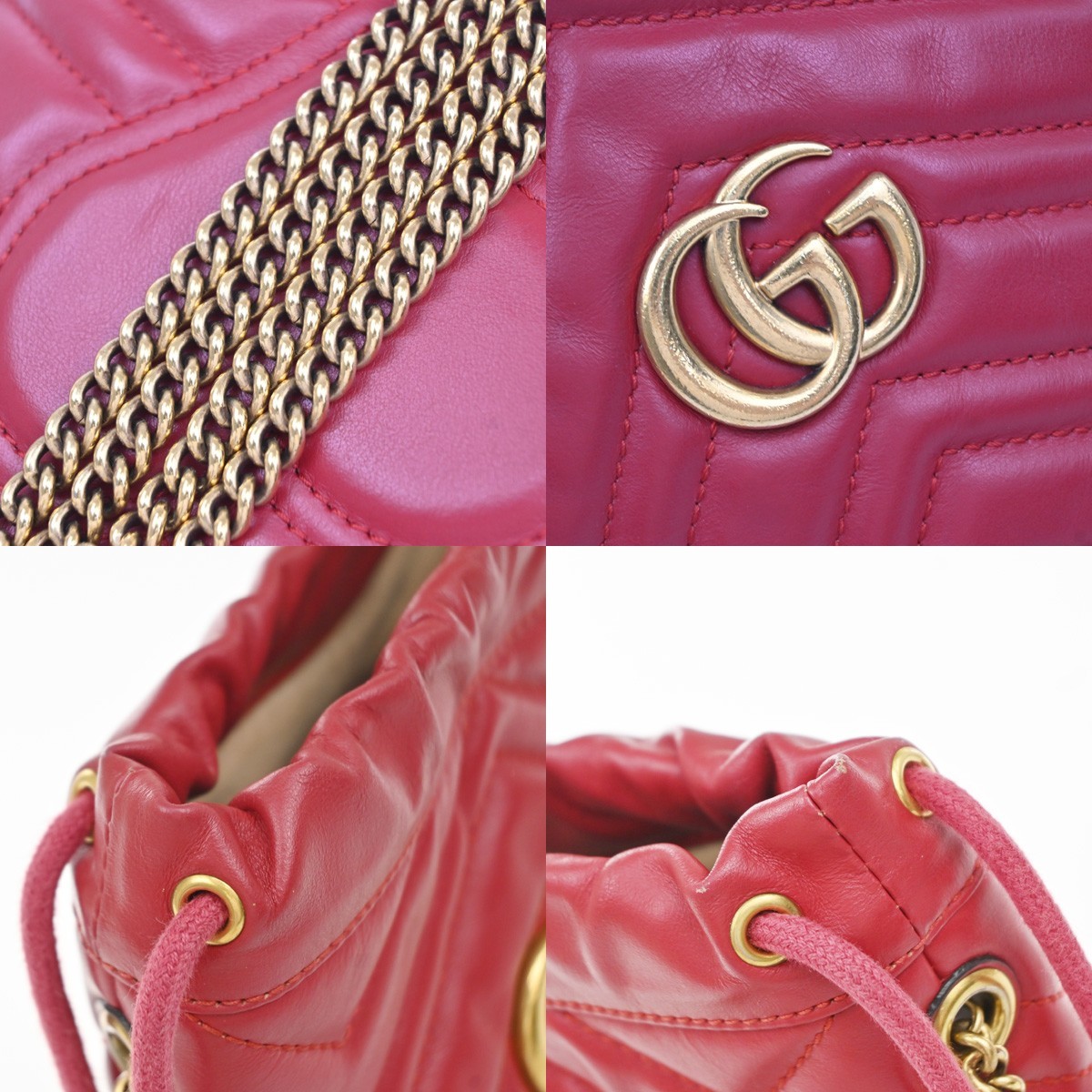 GUCCI GG Marmont Drawstring Chain Crossbody Shoulder Bag Leather Red GHW 84TA683