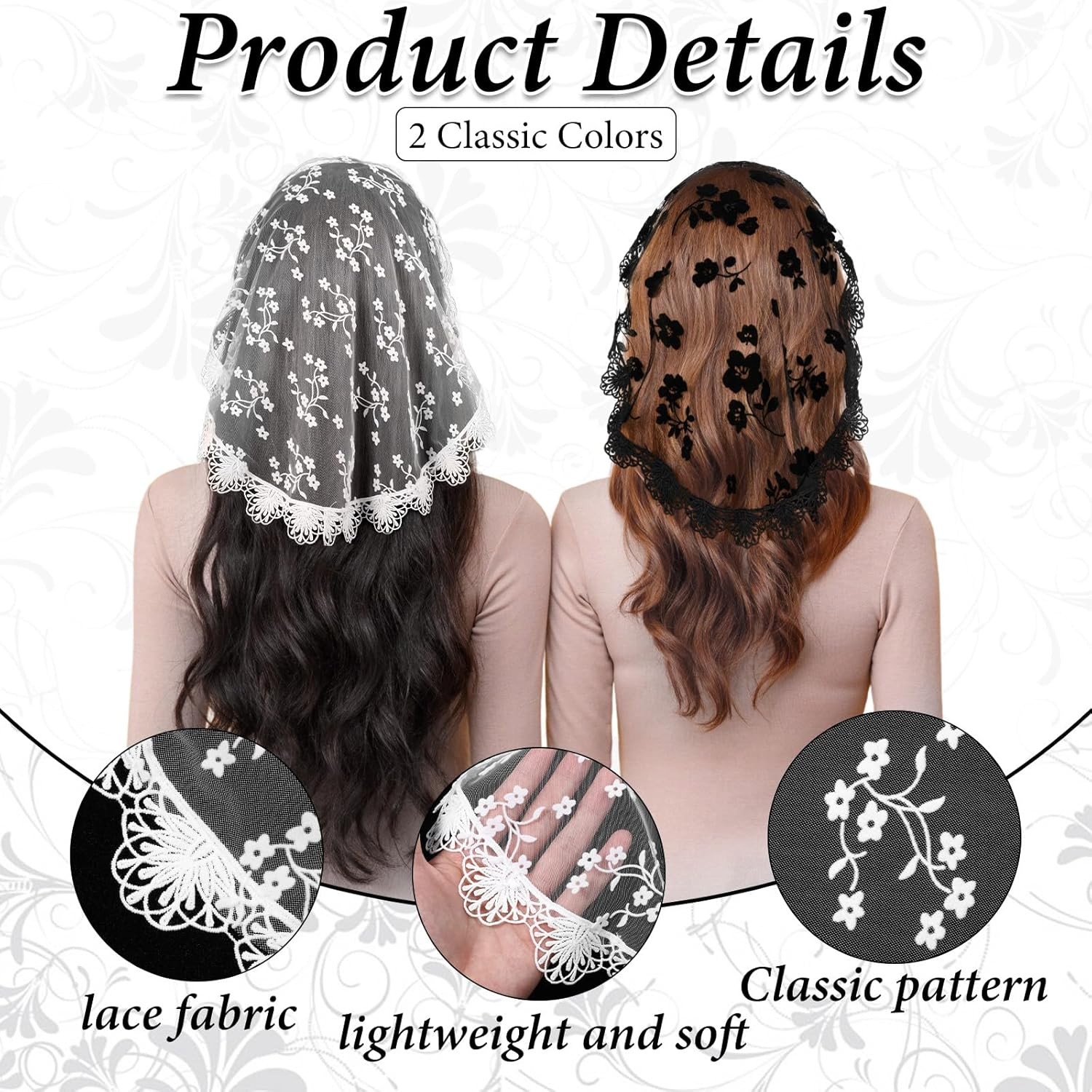 2 Pcs Women Lace Head Coverings Veil Scarf Church Bridal Wedding Black White