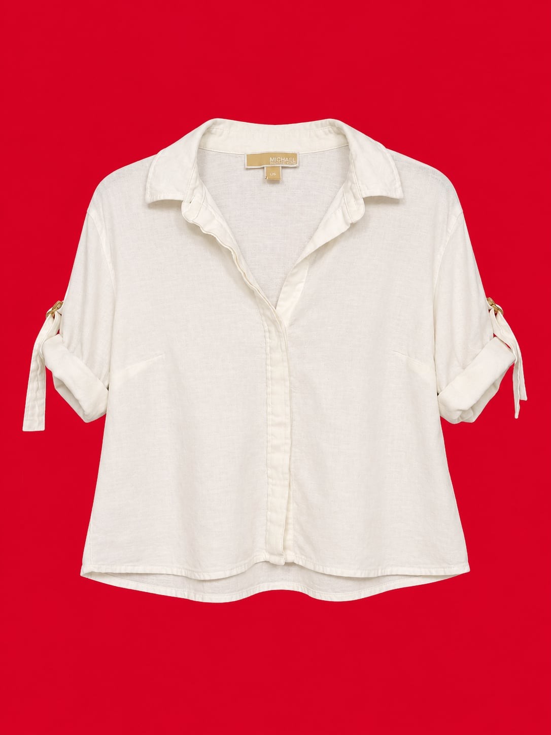 Michael Kors White Linen-Blend Button-Down Shirt with Gold Tone Ring Detail