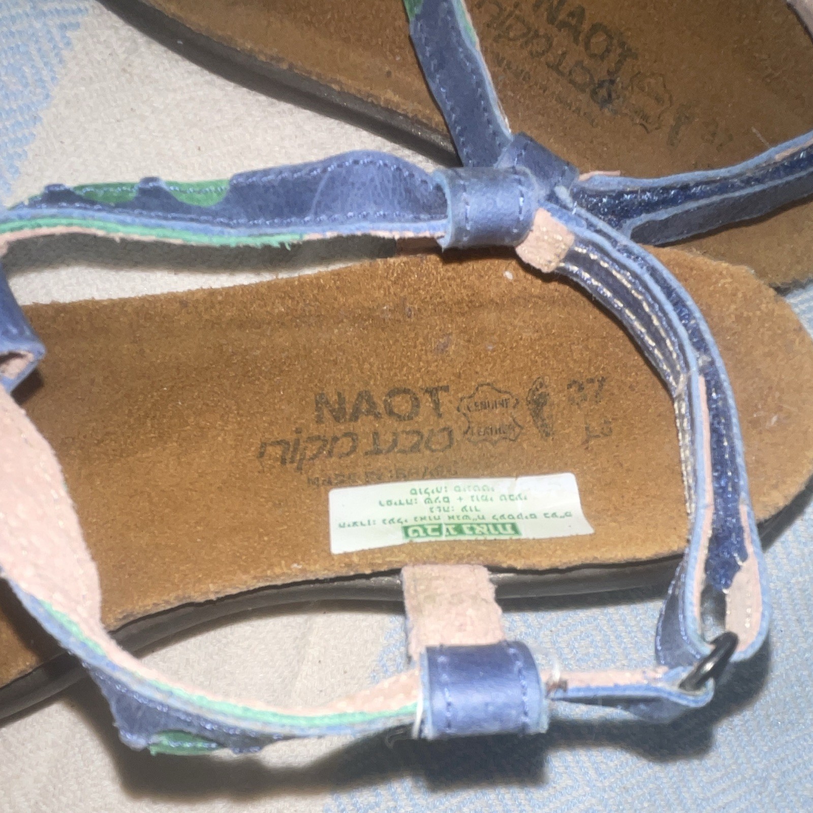 Naot Women’s Strappy Ankle Strap Sandals Leather Geometric Blue/Green/Tan 6