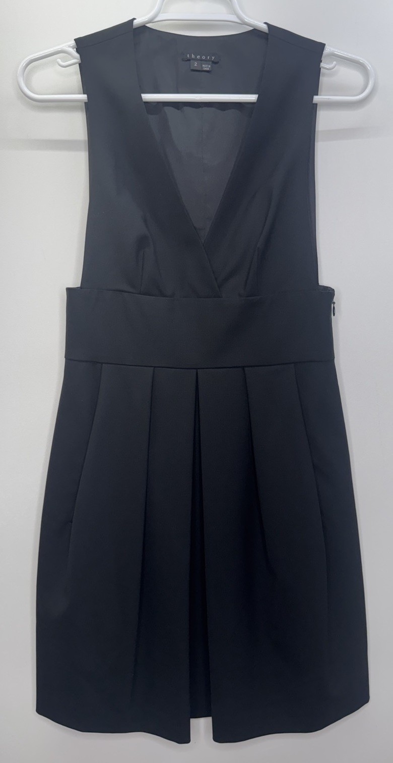 Theory Wool Blend Black Dress Pleated Plunging Neckline Capsule Classic Event 2