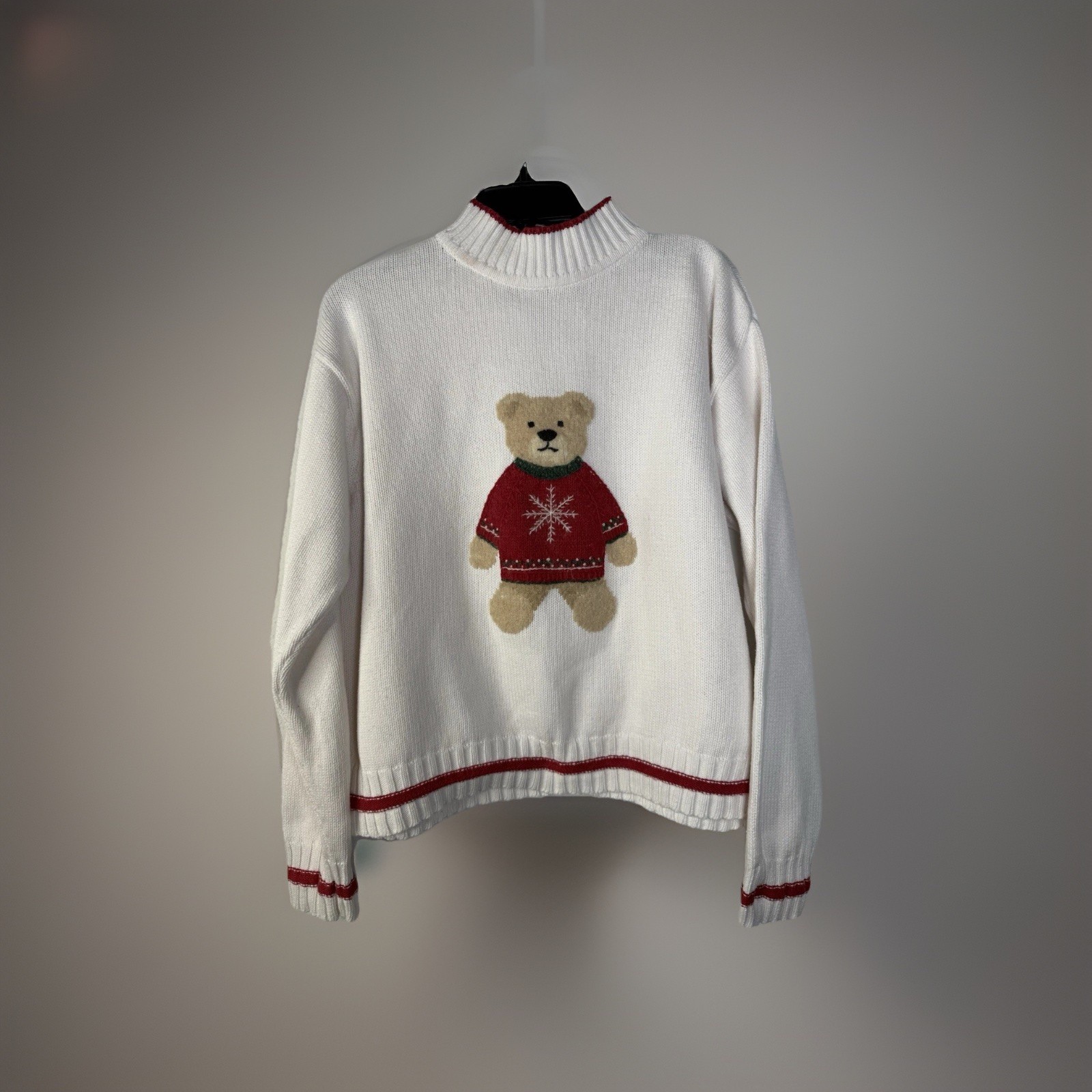 Vtg Liz Sport Claiborne Sz XL Teddy Bear White Sweater Mock Neck Classic Holiday