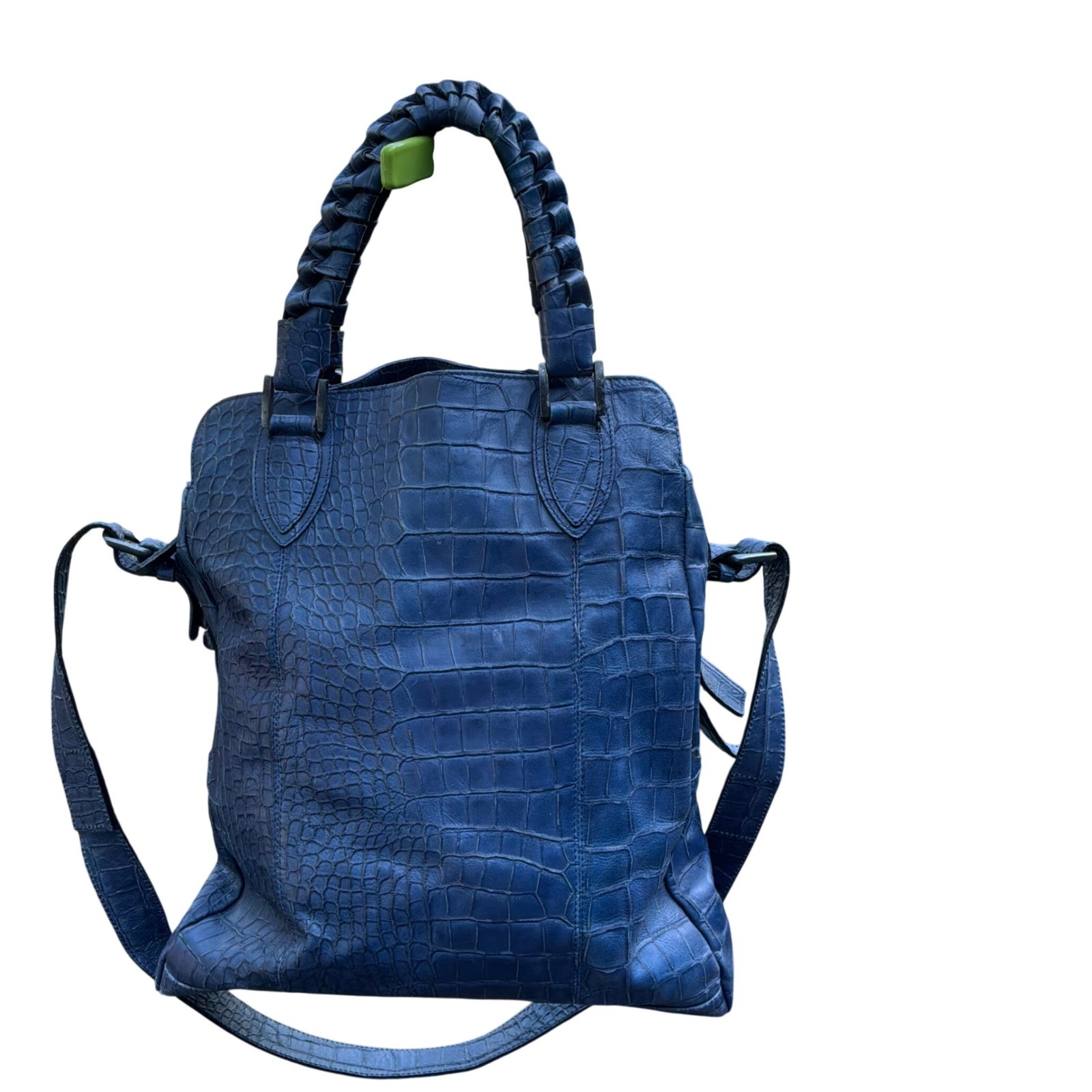 Falor Tote Bag Large Blue Croc Embossed Leather Braided Handles Made in Italy